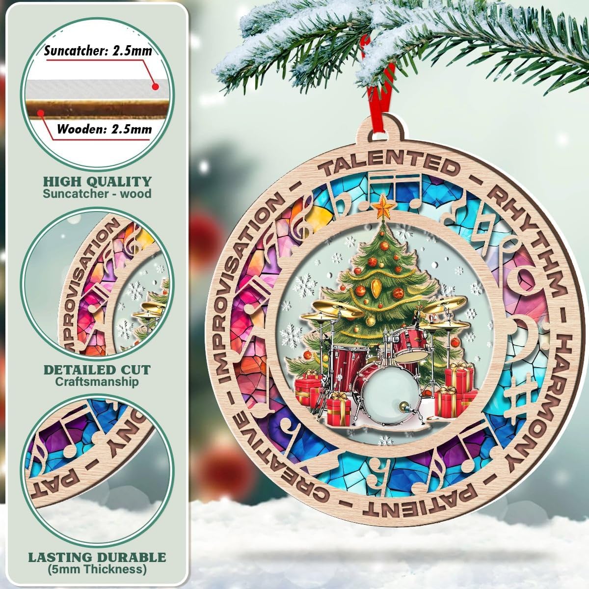 Drummer Christmas Ornament, Music Theme Suncatcher Tree Decor, Keepsake Gift for Drummers and Music Lovers
