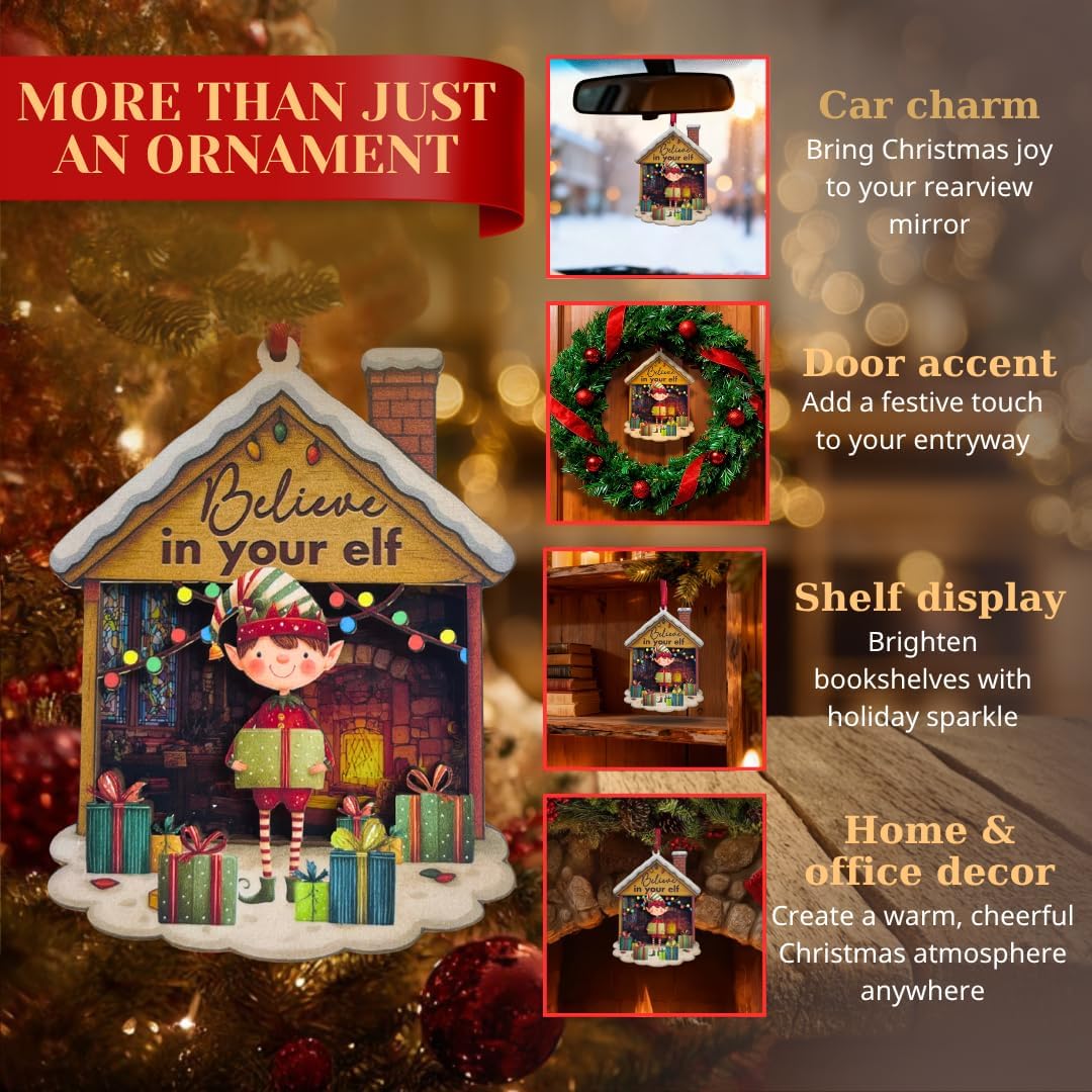 Elf Ornaments for Christmas Tree, Shatterproof 3D Double Layer Wood Acrylic Elf Ornament, Traditional Holiday Decoration, Magical Keepsake Gift and Meaningful Gift for Family