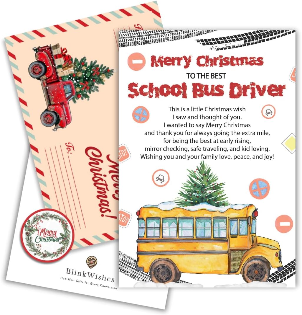 Christmas Thank You Card for School Bus Driver – Holiday Appreciation Greeting with Envelope and Seal