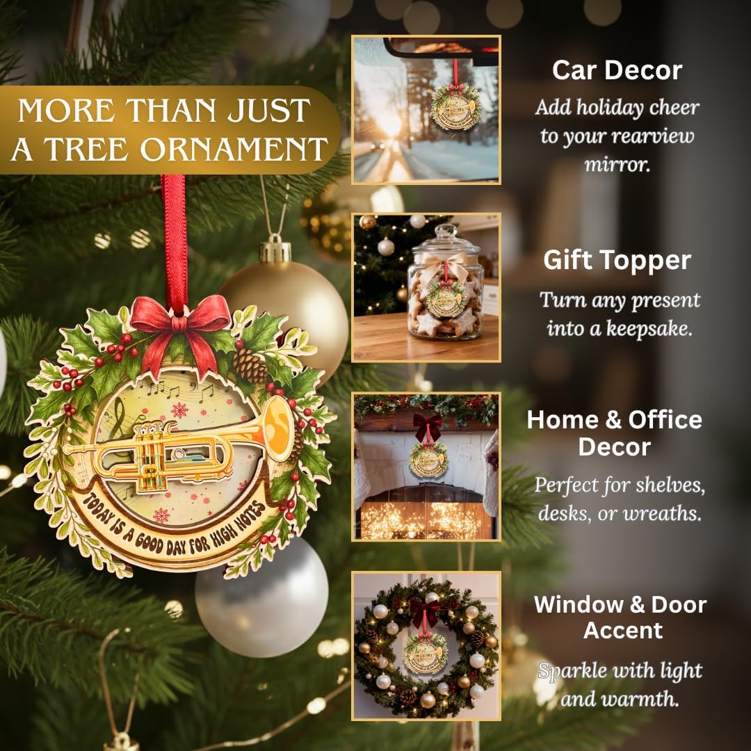 Trumpet Ornament, Trumpet Ornaments for Christmas Tree Wood and Acrylic, Music Christmas Ornaments, Musical Instrument Holiday Decorations, Gifts for Trumpet Players, Band and Music Lovers