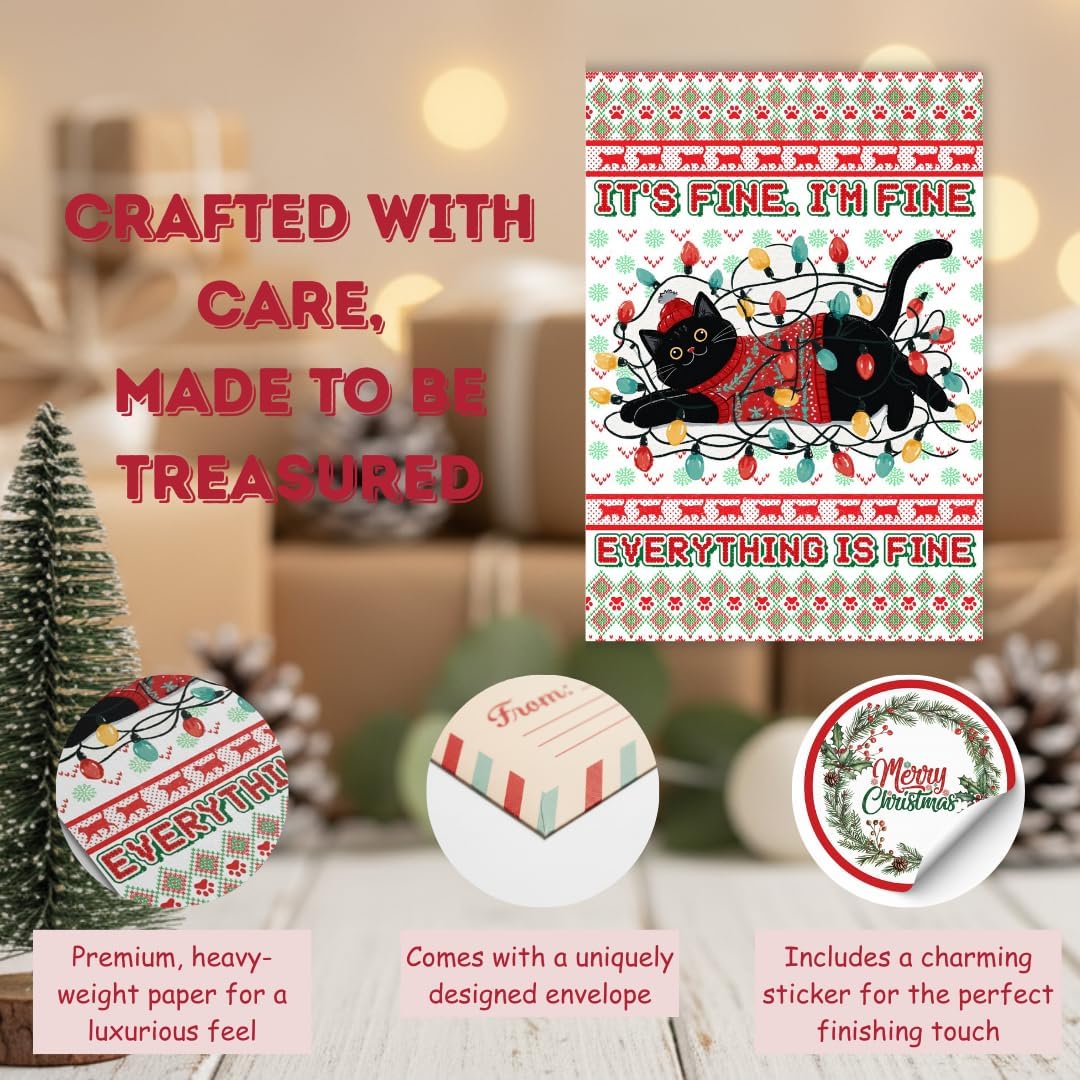 Black Cat Christmas Card with Envelope – Cute Feline Design and Whimsical Holiday Greeting for Animal Lovers