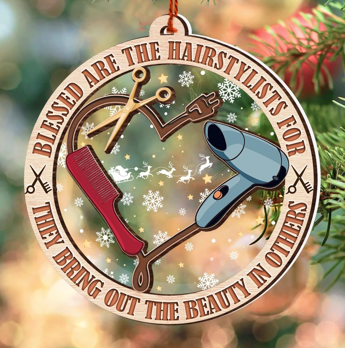 Hairdresser Christmas Ornament - 2 Layer Wood & Acrylic Decor 2024 - Gifts for Men, Women and Hairdresser Lovers - Christmas Tree Ornaments