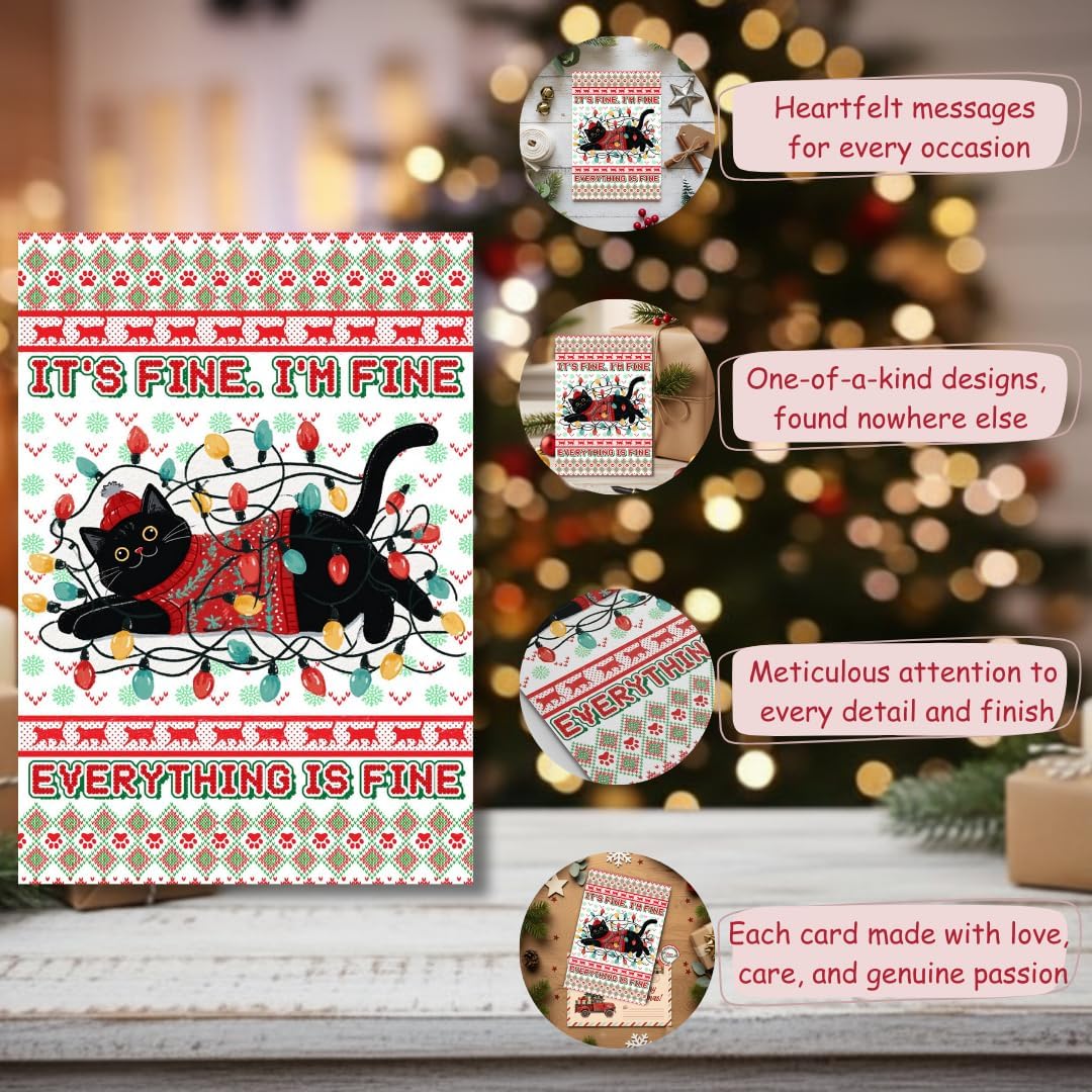 Black Cat Christmas Card with Envelope – Cute Feline Design and Whimsical Holiday Greeting for Animal Lovers