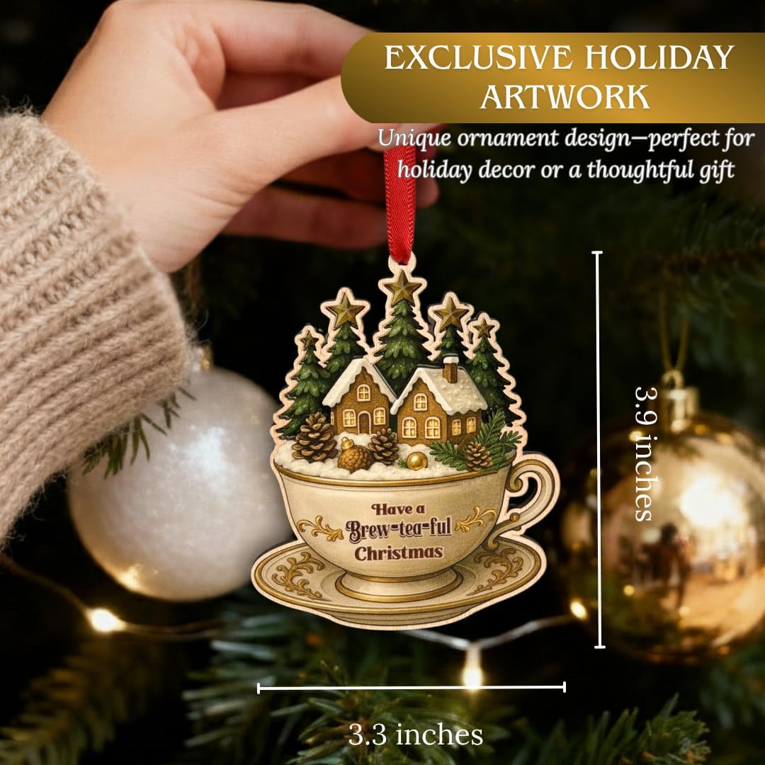 Tea Ornament, Tea Cup Ornaments for Christmas Tree, Unique Teacup Holiday Decor in Wood and Acrylic, Thoughtful Keepsake Gift for Her, Grandma, Teacher, Hostess, Teas Lovers