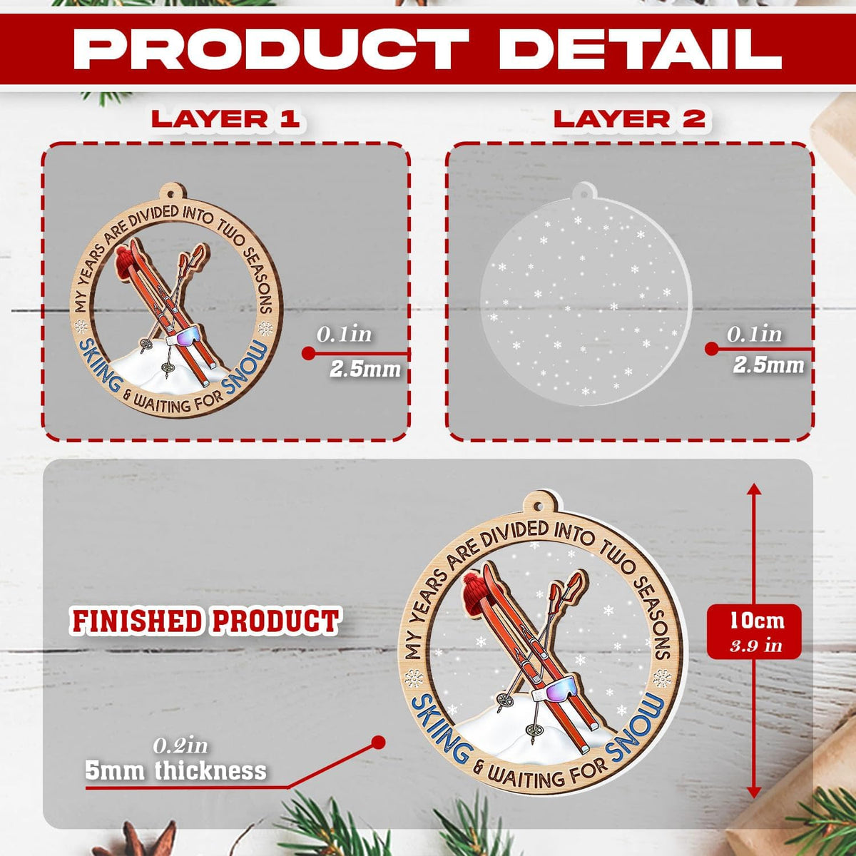 Skiing Christmas Ornament, Winter Sports Tree Decoration, Snow Ski Keepsake Gift for Skiers and Mountain Lovers