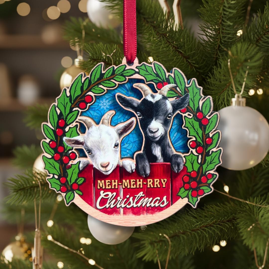 Goat Ornament, Goat Christmas Ornament, Farm Animal Ornaments, Double-Layer Wood & Acrylic Keepsake, for Goat Lovers, Goat Decorations for Tree
