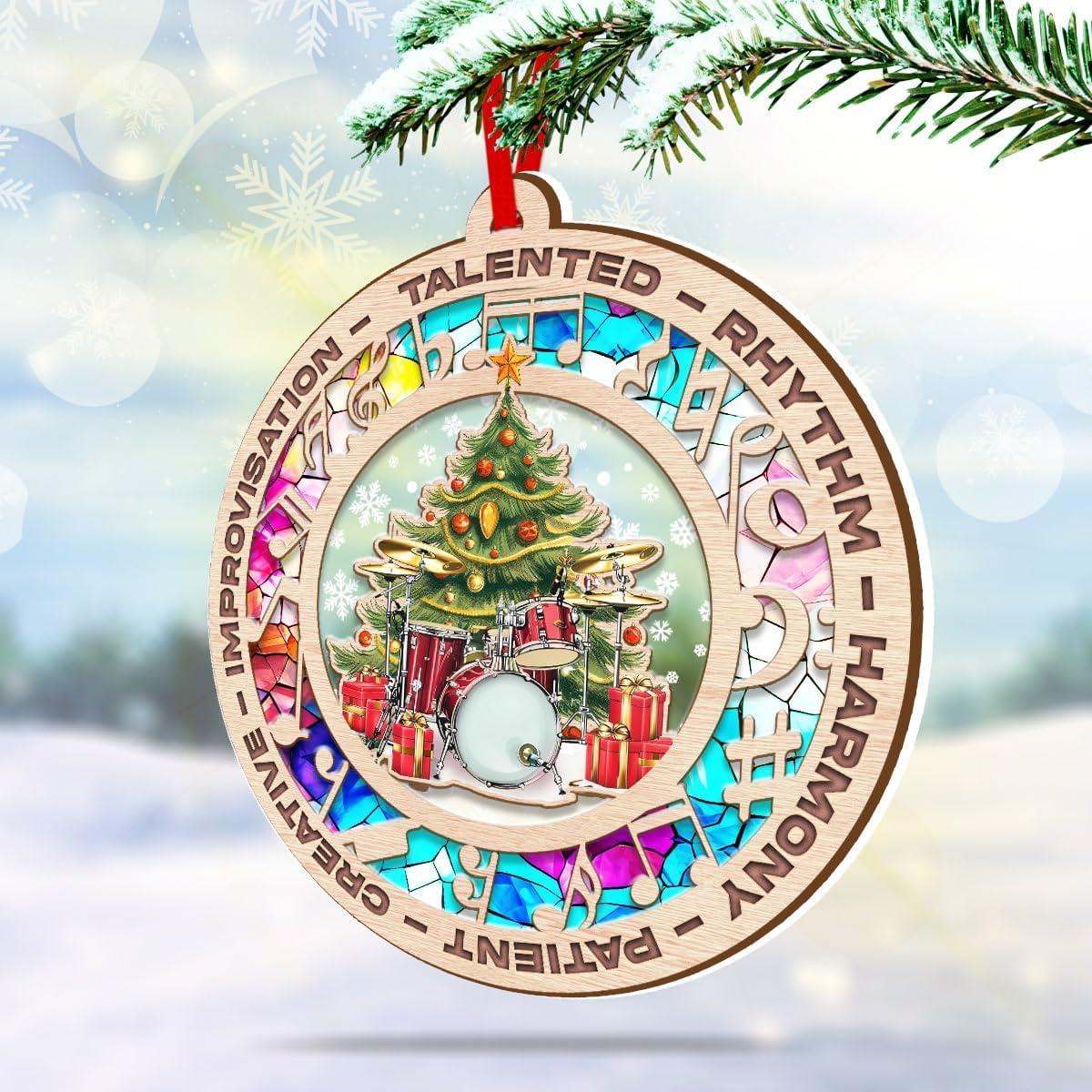Drummer Christmas Ornament, Music Theme Suncatcher Tree Decor, Keepsake Gift for Drummers and Music Lovers