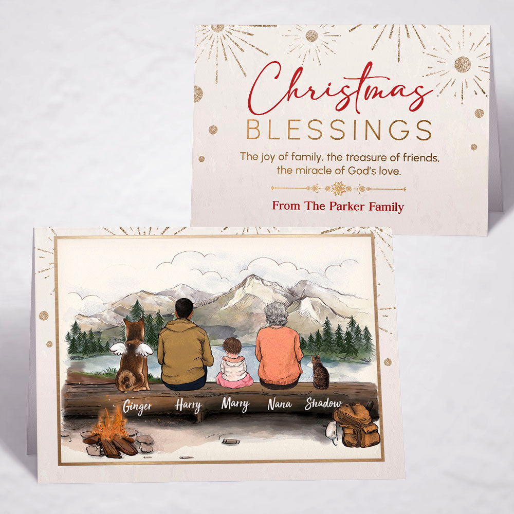Printable Digital File For Folded Greeting Card - Personalized Christmas gift ideas with the whole family & dogs & cats - UP TO 5 - Christmas Blessings - Hiking - Digital PNG Download