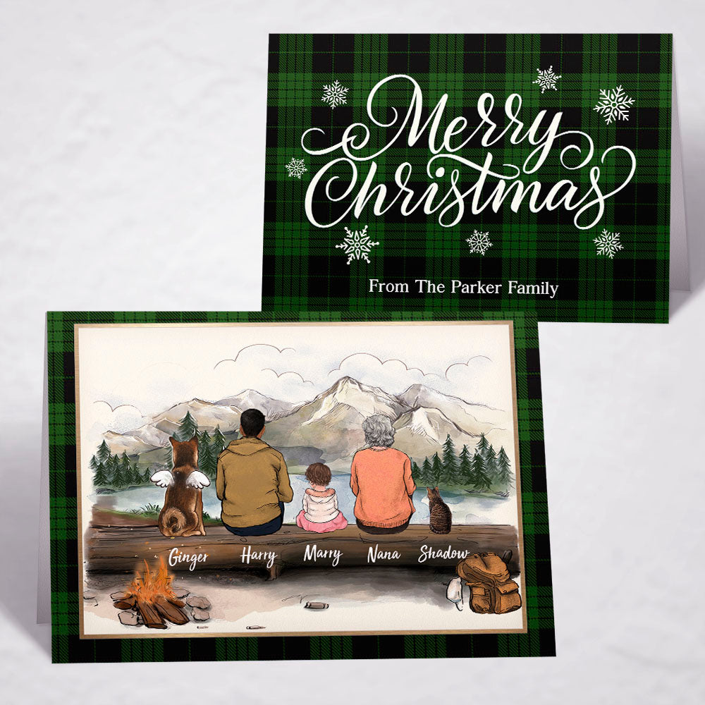 Printable Digital File For Folded Greeting Card - Personalized Christmas gift ideas with the whole family & dogs & cats - UP TO 5 - Merry Christmas - Hiking- Digital PNG Download