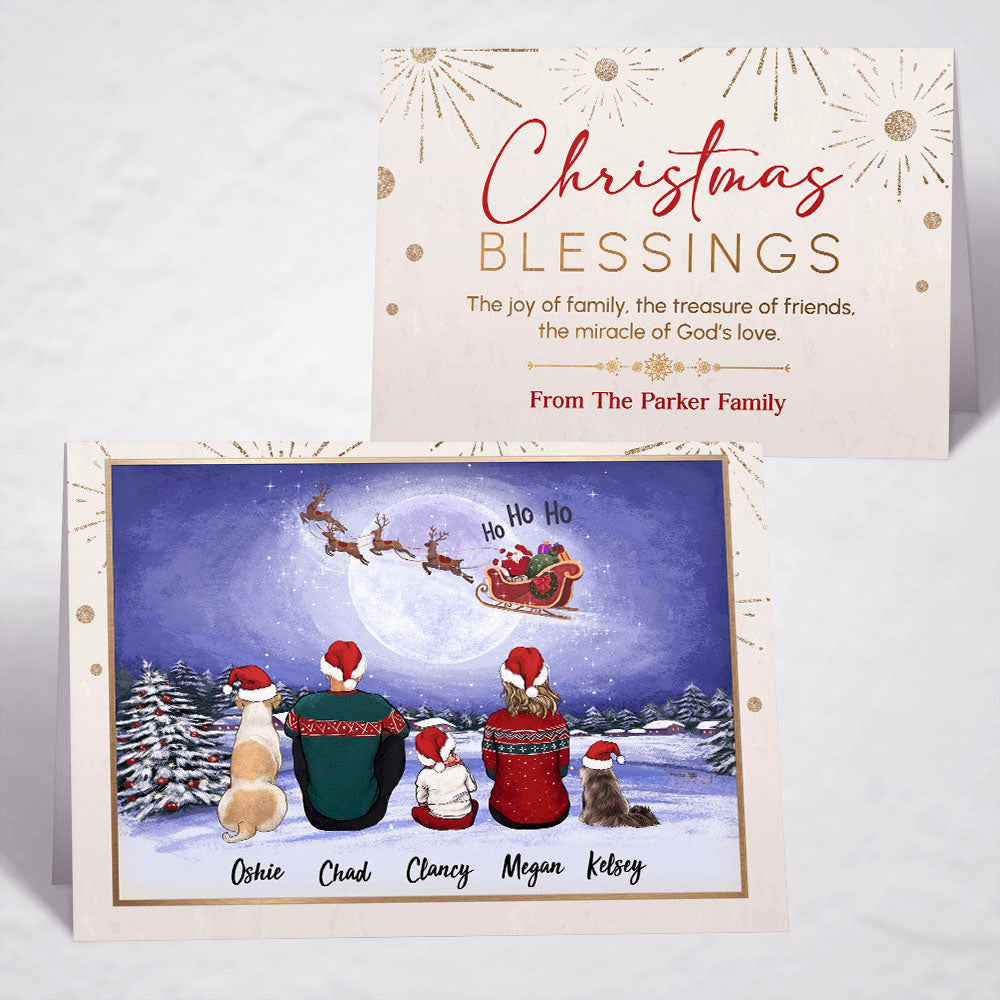Printable Digital File For Folded Greeting Card - Personalized Christmas gift ideas with the whole family & dogs & cats - UP TO 5 - Christmas Blessings - Santa Ho Ho Ho - Digital PNG Download