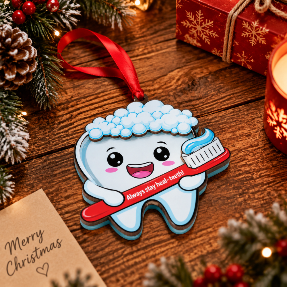 Tooth Dental Christmas Ornament, Wood & Acrylic Christmas Tree Decoration, Holiday Gift for Dentists