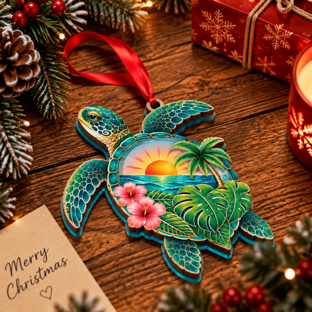 Sea Turtle Christmas Ornament for Tree, Wood & Acrylic Hanging Decor, Xmas Gift for Collectors & Holiday Decor Lovers
