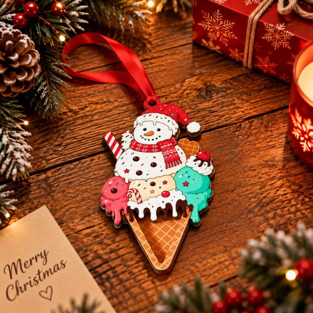 Ice Cream Christmas Ornament for Tree, Wood & Acrylic Hanging Decor, Xmas Gift for Collectors & Holiday Decor Lovers