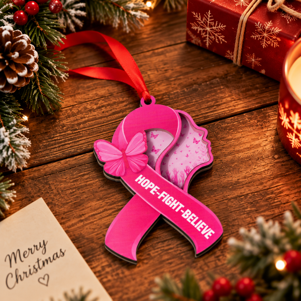 Breast Cancer Christmas Ornament, Wood & Acrylic Christmas Tree Decoration, Holiday Gift for Awareness