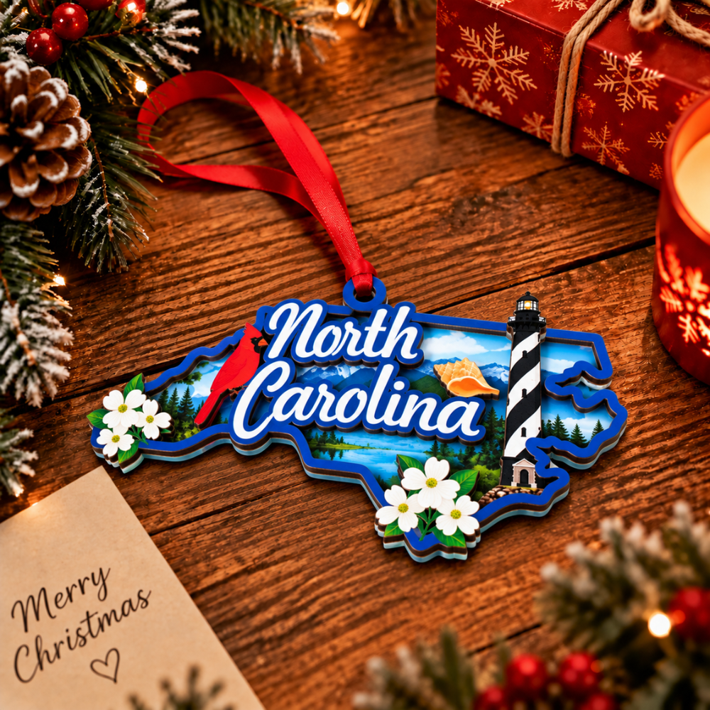 North Carolina Christmas Ornament for Tree, Wood & Acrylic Hanging Decor, Xmas Gift for Residents Travelers State Lovers