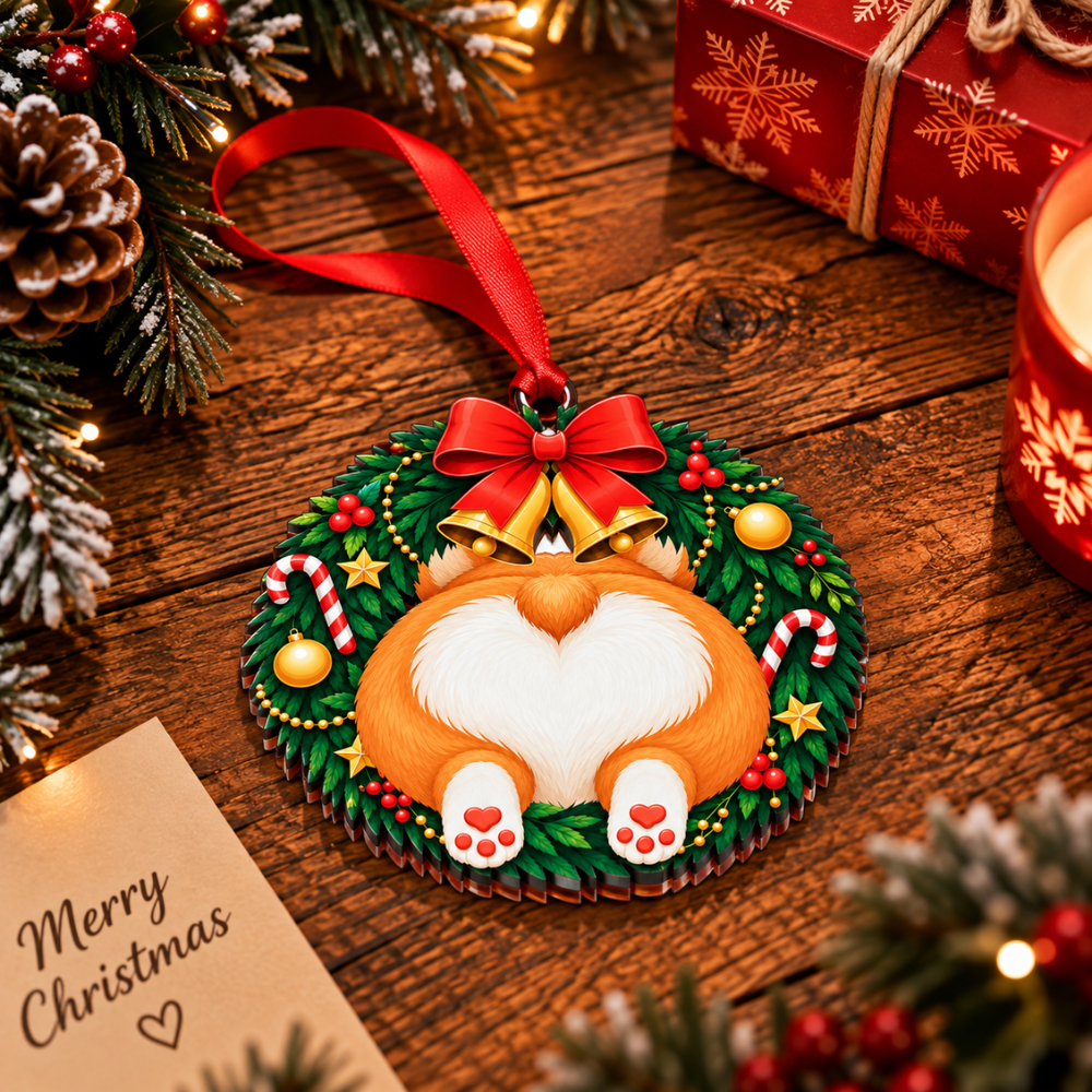 Corgi Dog Christmas Ornament for Tree, Wood & Acrylic Hanging Decor, Xmas Gift for Collectors & Holiday Decor Lovers