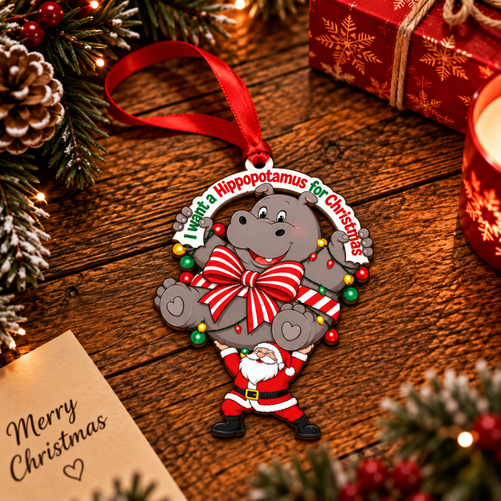 Hippo Christmas Ornament, Wood Christmas Tree Decoration, Holiday Gift for Hippo Lovers for Christmas
