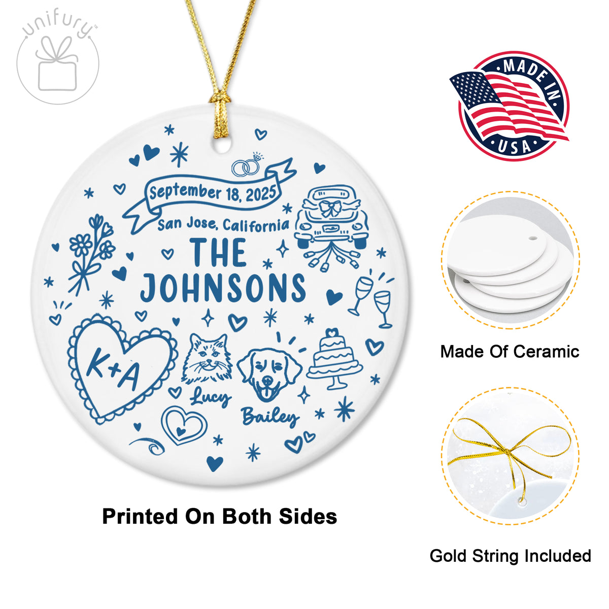 Custom Married Ornament Circle Ceramic Ornament - Married Gifts - Wedding Gifts For Dog Cat Lovers