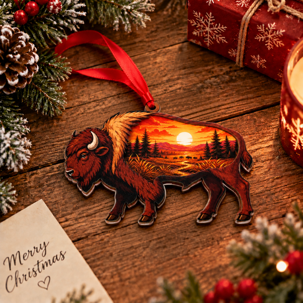Bison Buffalo Christmas Ornament for Tree, Wood & Acrylic Hanging Decor, Xmas Gift for Nature Lovers And Outdoor Decor