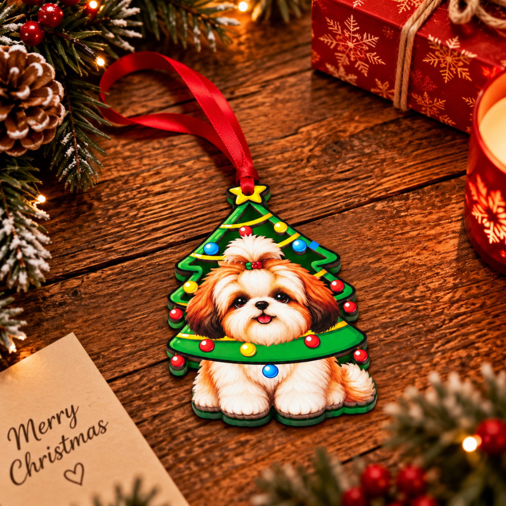 Shih Tzu Dog Christmas Ornament for Tree, Wood & Acrylic Hanging Decor, Xmas Gift for Collectors & Holiday Decor Lovers