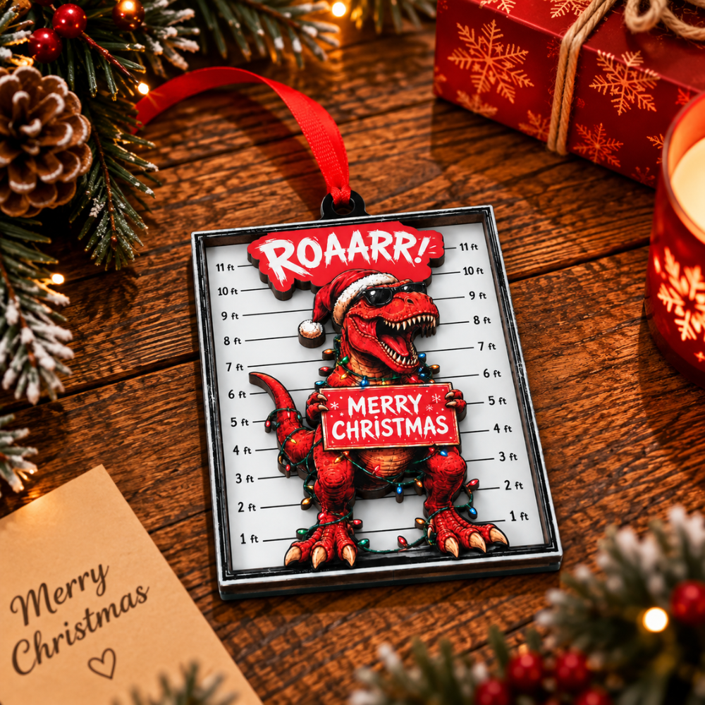 T Rex Christmas Ornament, Wood & Acrylic Christmas Tree Decoration, Holiday Gift for Collectors & Holiday Decor Lovers
