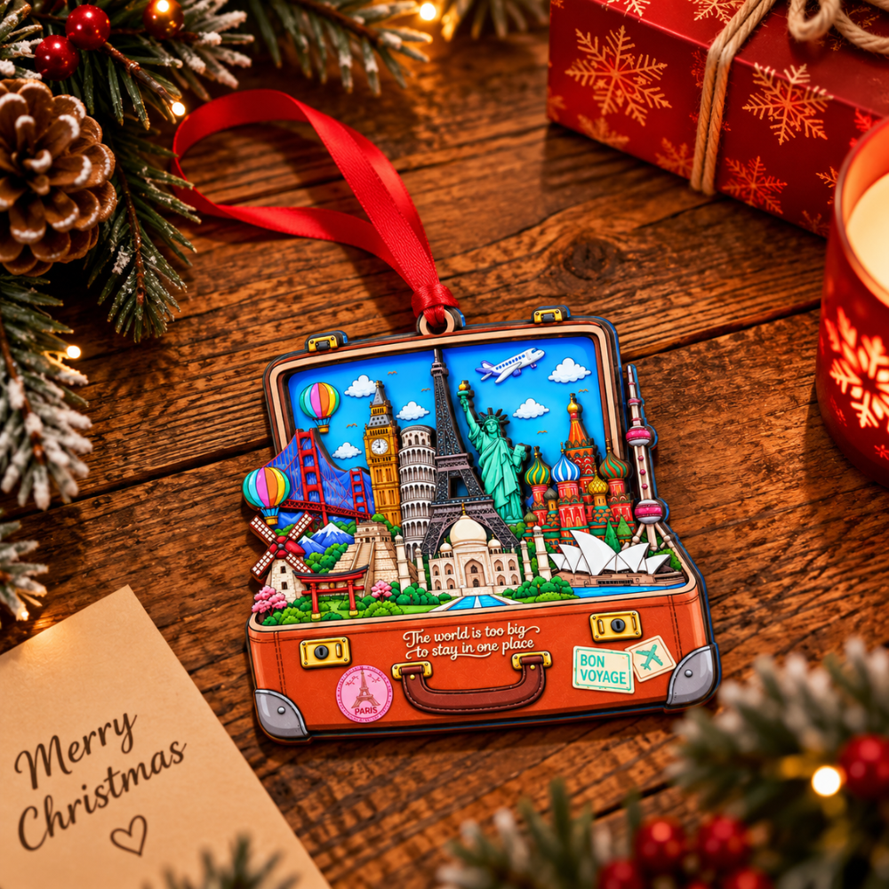 Suitcase Travel Christmas Ornament, Wood & Acrylic Christmas Tree Decoration, Holiday Gift for Travelers