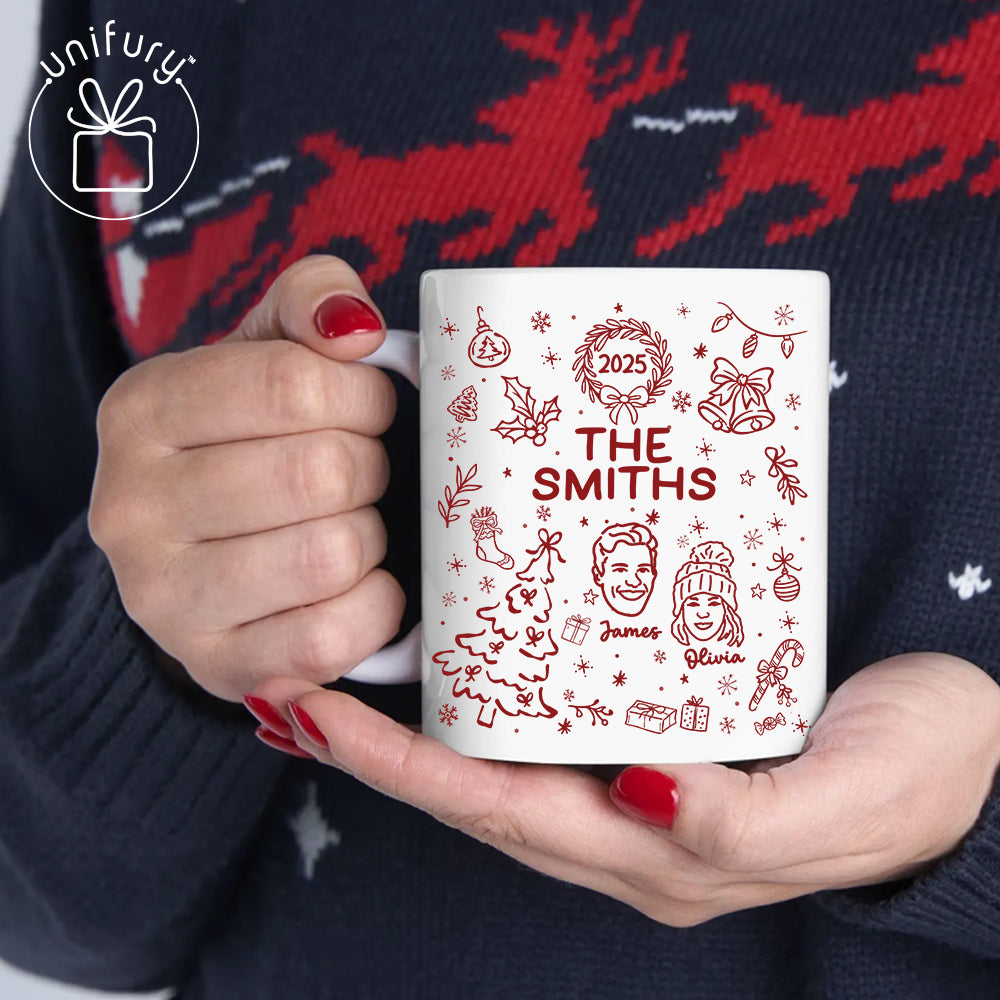 Custom Lineart Drawing Family Pet Portrait Ceramic Edge-to-Edge Mug - Christmas Mug For Family - Christmas Gift For Family