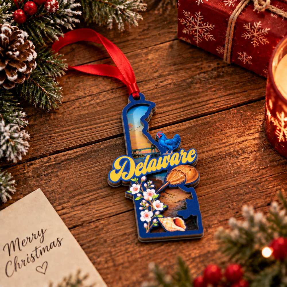 Delaware State Christmas Ornament, Wood & Acrylic Tree Decoration, Gift for Christmas and Holiday Decor Lovers