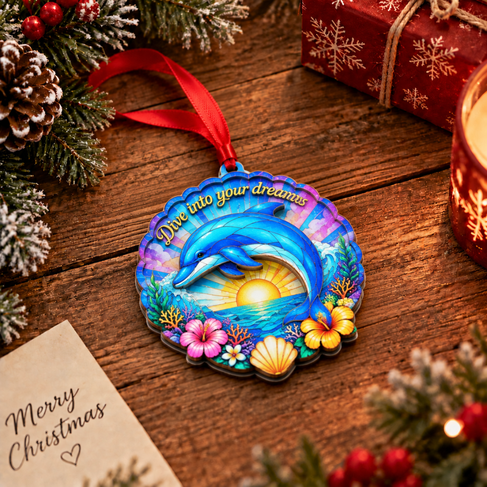 Dolphin Christmas Ornament, Wood & Acrylic Christmas Tree Decoration, Holiday Gift for Collectors & Holiday Decor Lovers