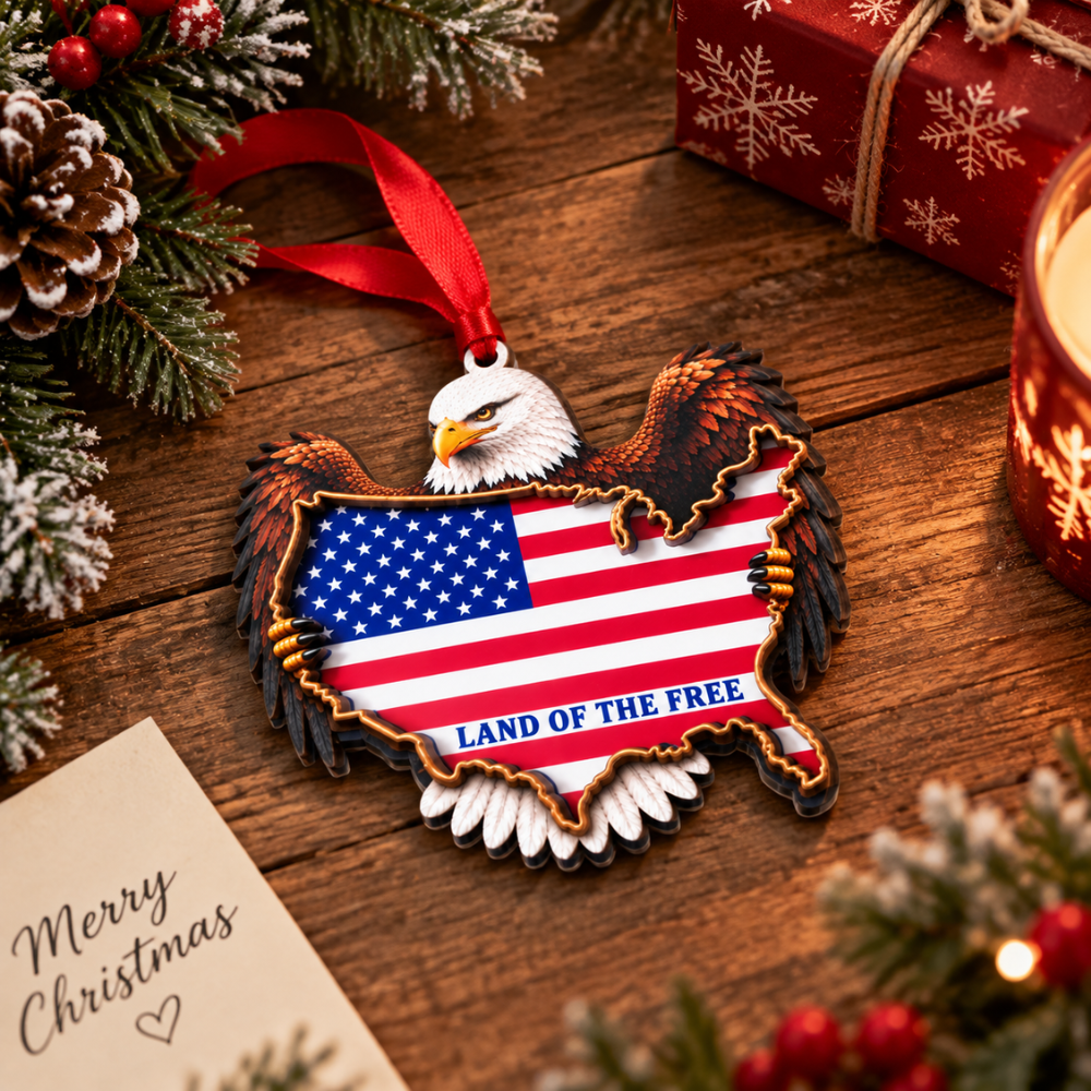 American Flag Christmas Ornament for Tree, Wood & Acrylic Hanging Decor, Xmas Gift for Collectors & Holiday Decor Lovers