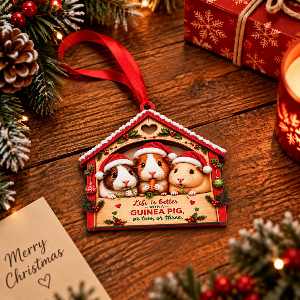 Guinea Pig Christmas Ornament for Tree, Wood & Acrylic Hanging Decor, Xmas Gift for Collectors & Holiday Decor Lovers