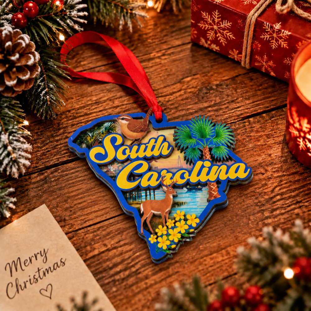 South Carolina Christmas Ornament, Wood & Acrylic Tree Decoration, Gift for Christmas and Holiday Decor Lovers
