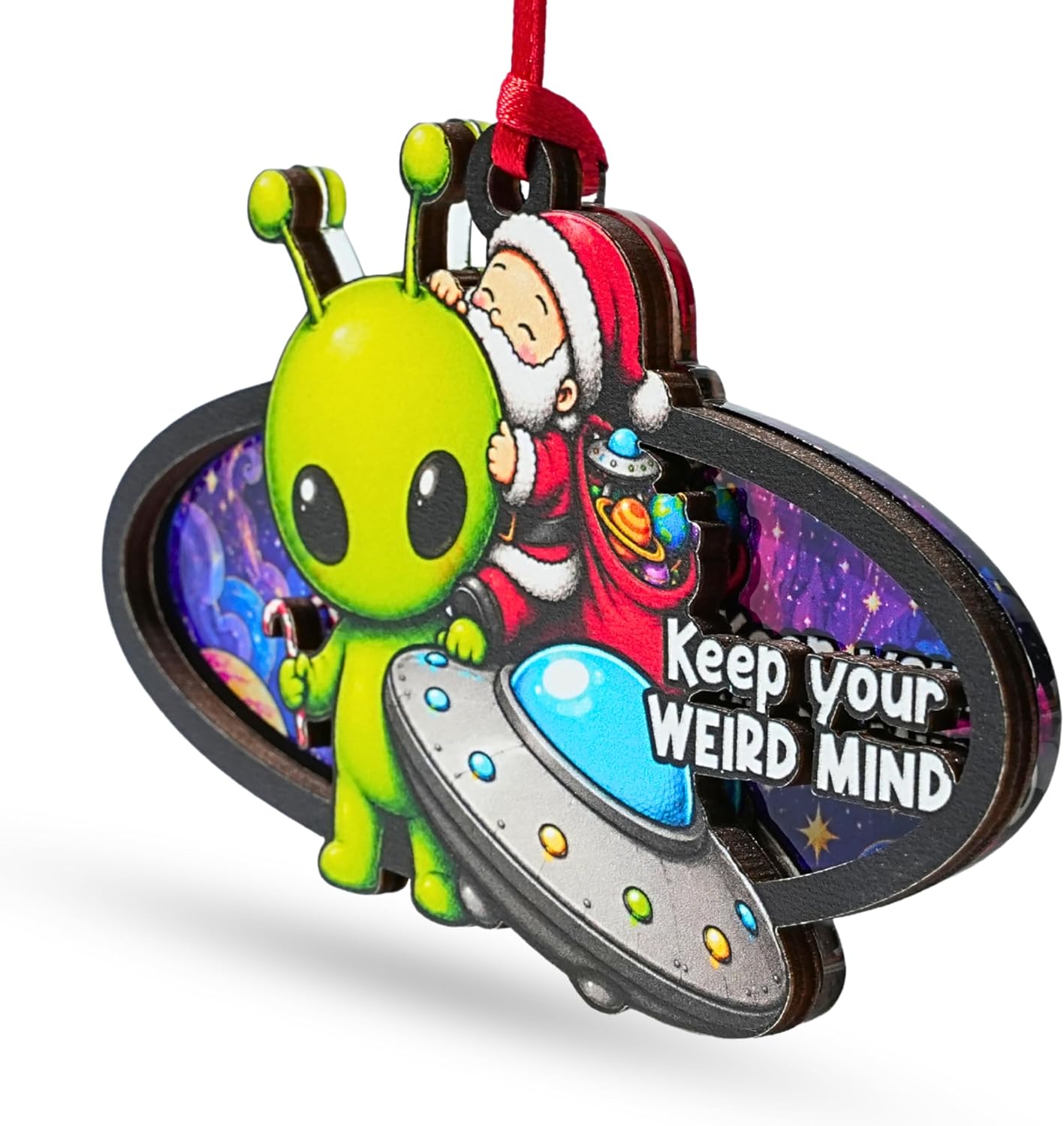 Alien Christmas Ornament 2026, Alien Ornaments for Christmas Tree, UFO Ornament Decor, 2-Layer Wood Acrylic