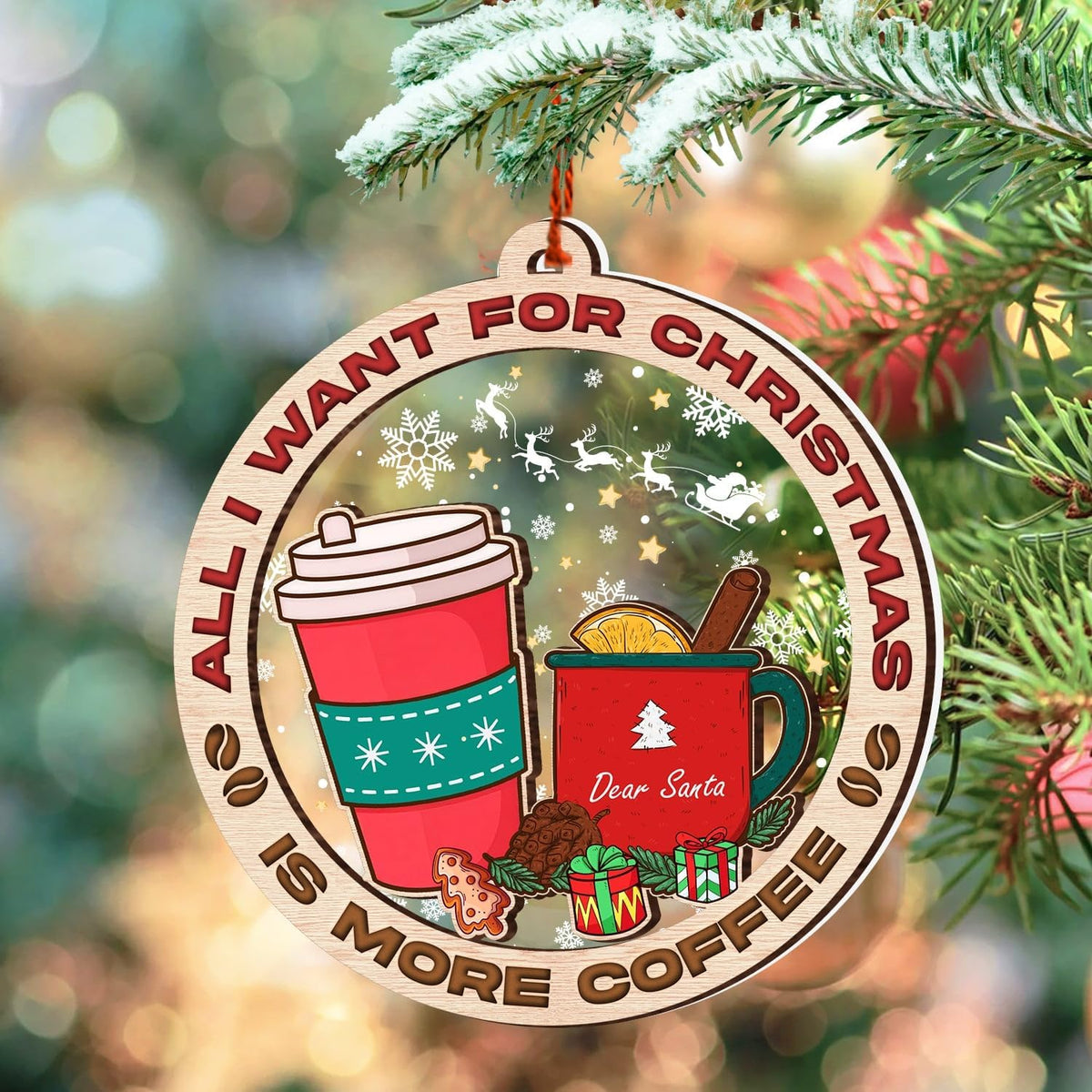 Coffee Christmas Ornament - 2 Layer Wood & Acrylic Decor 2025 - Gifts for Men, Women, Coffee Lovers - Tree Ornaments