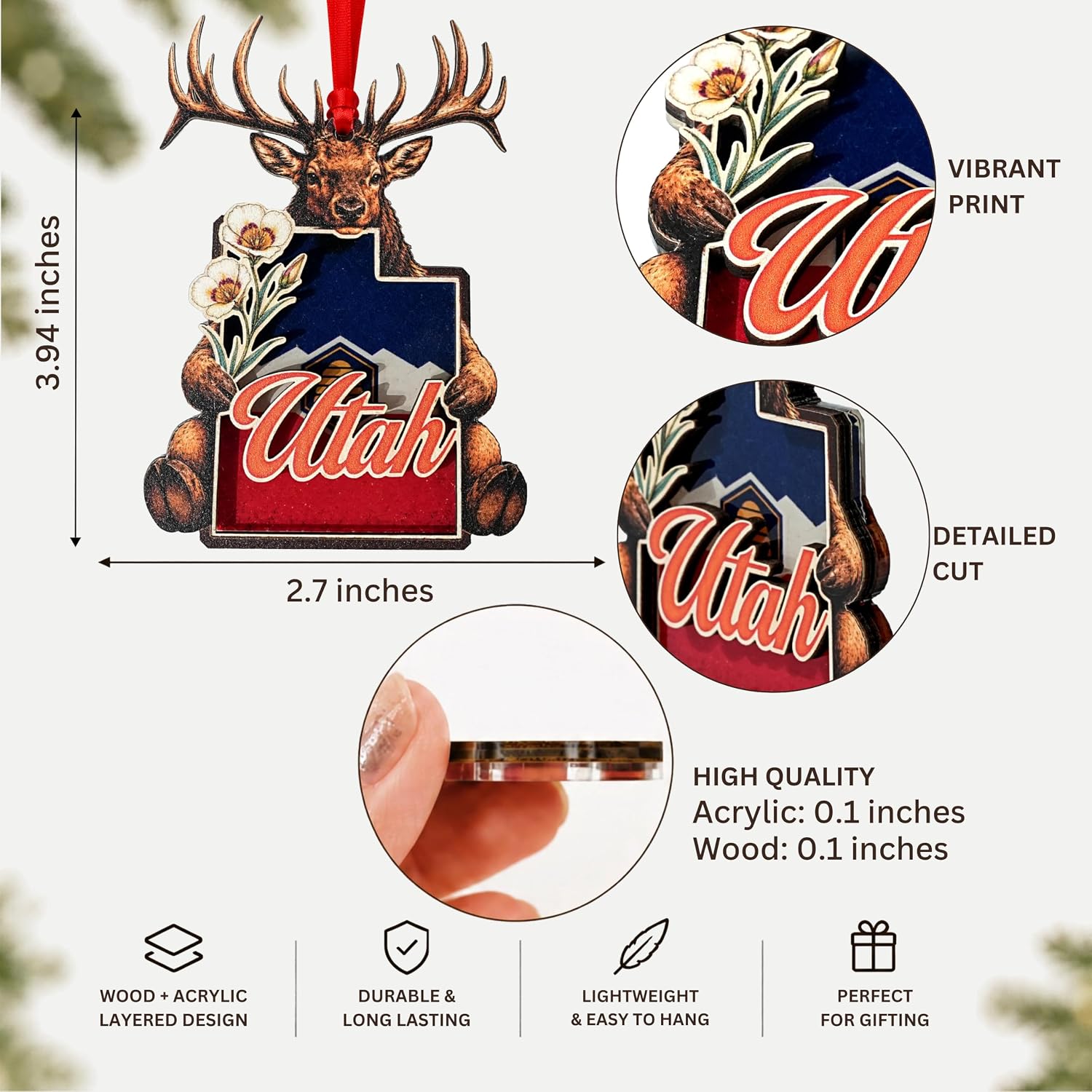 Utah Christmas Ornament 2026, Utah Christmas Ornament for Christmas Tree 2026, 2-Layer Wood Acrylic Christmas Decor