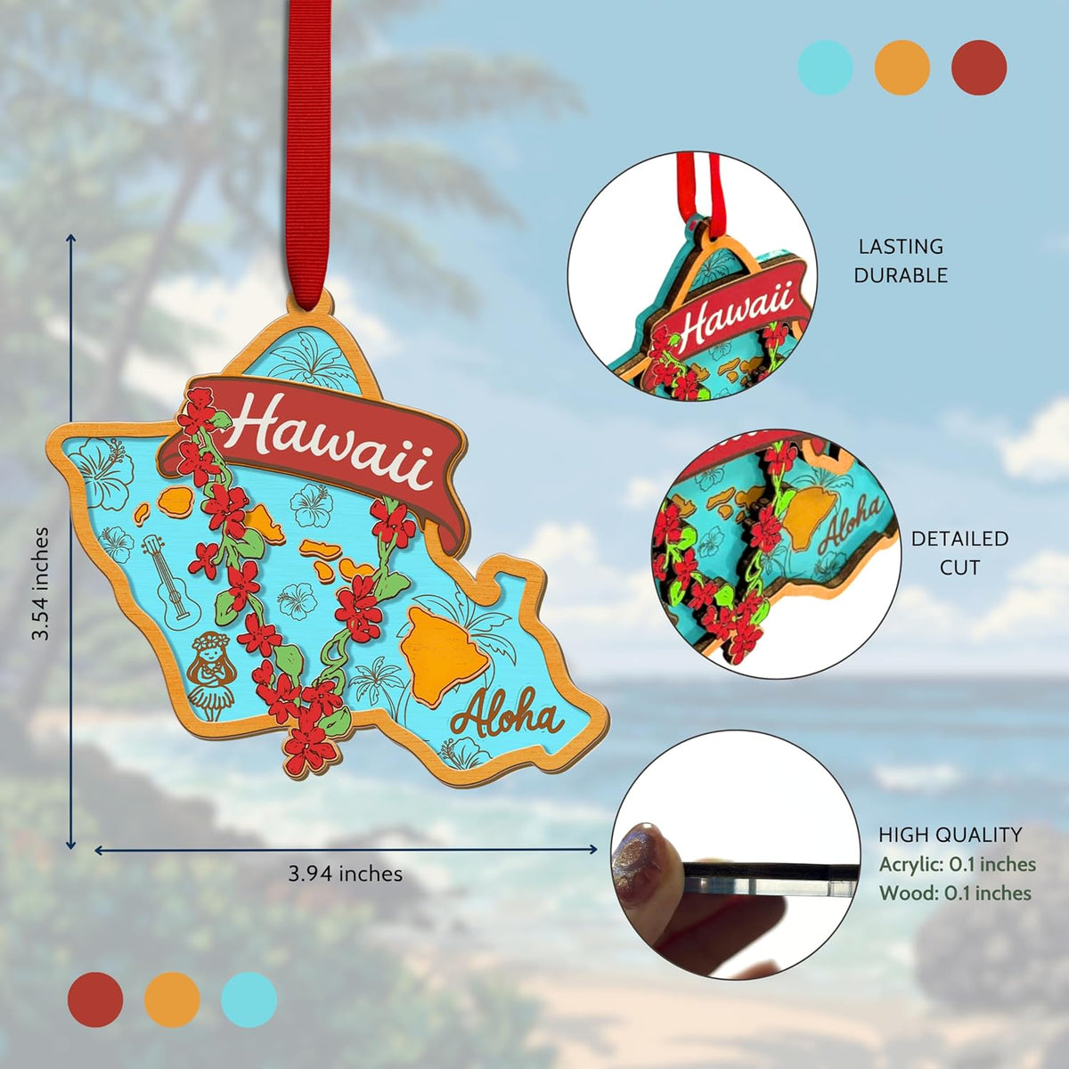 Hawaii Christmas Ornament, Hawaiian Ornaments for Christmas Tree, Hawaii Ornament Holiday Decor, 3D Wooden Acrylic Cut Xmas Gift for Men Women Family Friends, State Souvenir