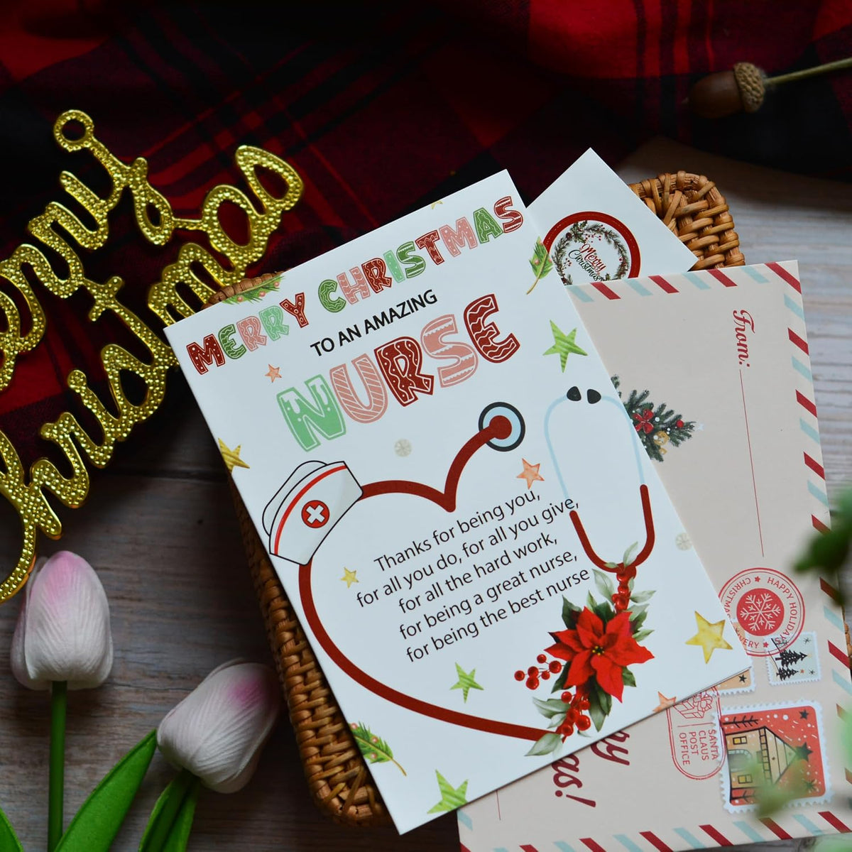 Christmas Thank You Card for Nurse with Envelope and Seal – Holiday Appreciation Greeting