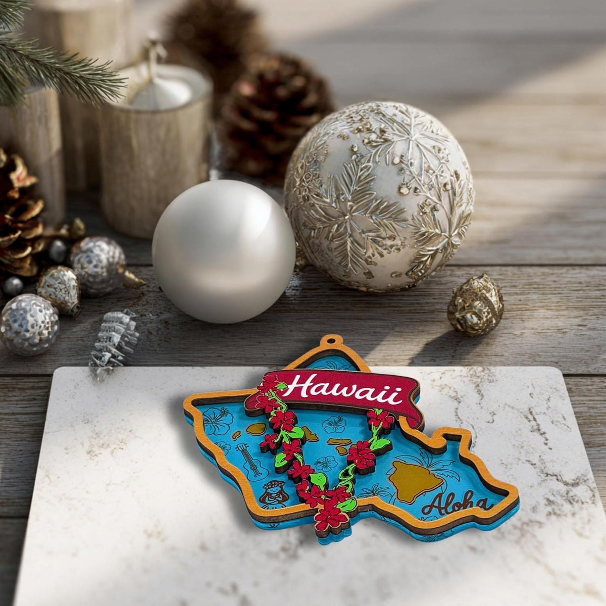 Hawaii Christmas Ornament, Hawaiian Ornaments for Christmas Tree, Hawaii Ornament Holiday Decor, 3D Wooden Acrylic Cut Xmas Gift for Men Women Family Friends, State Souvenir