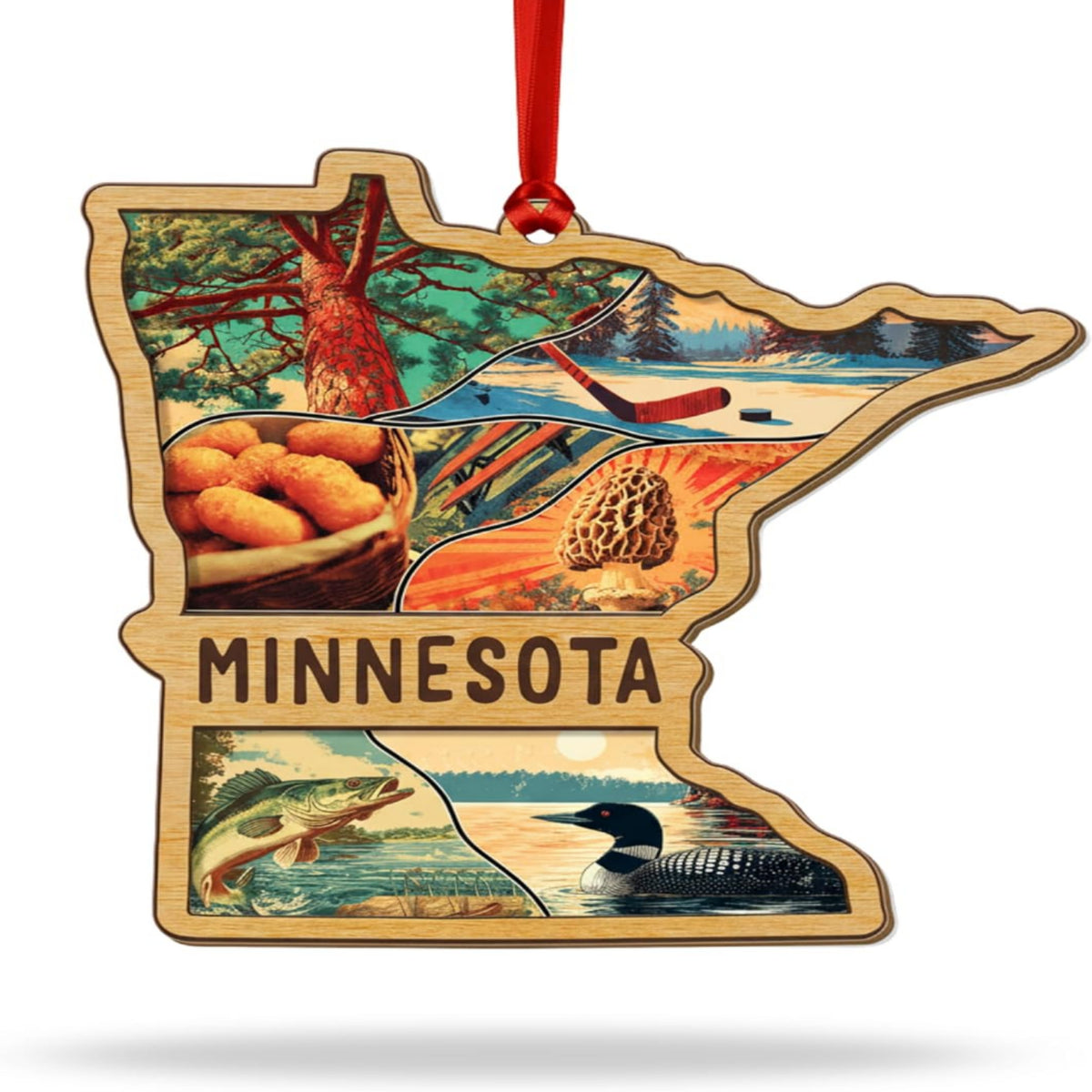 Minnesota Christmas Ornament, Layered Wood Acrylic State Decor, Unique Minnesota Ornaments for Christmas Tree, Xmas Gifts, 3D Wooden Acrylic Cut Gift for Men Women Family Friends