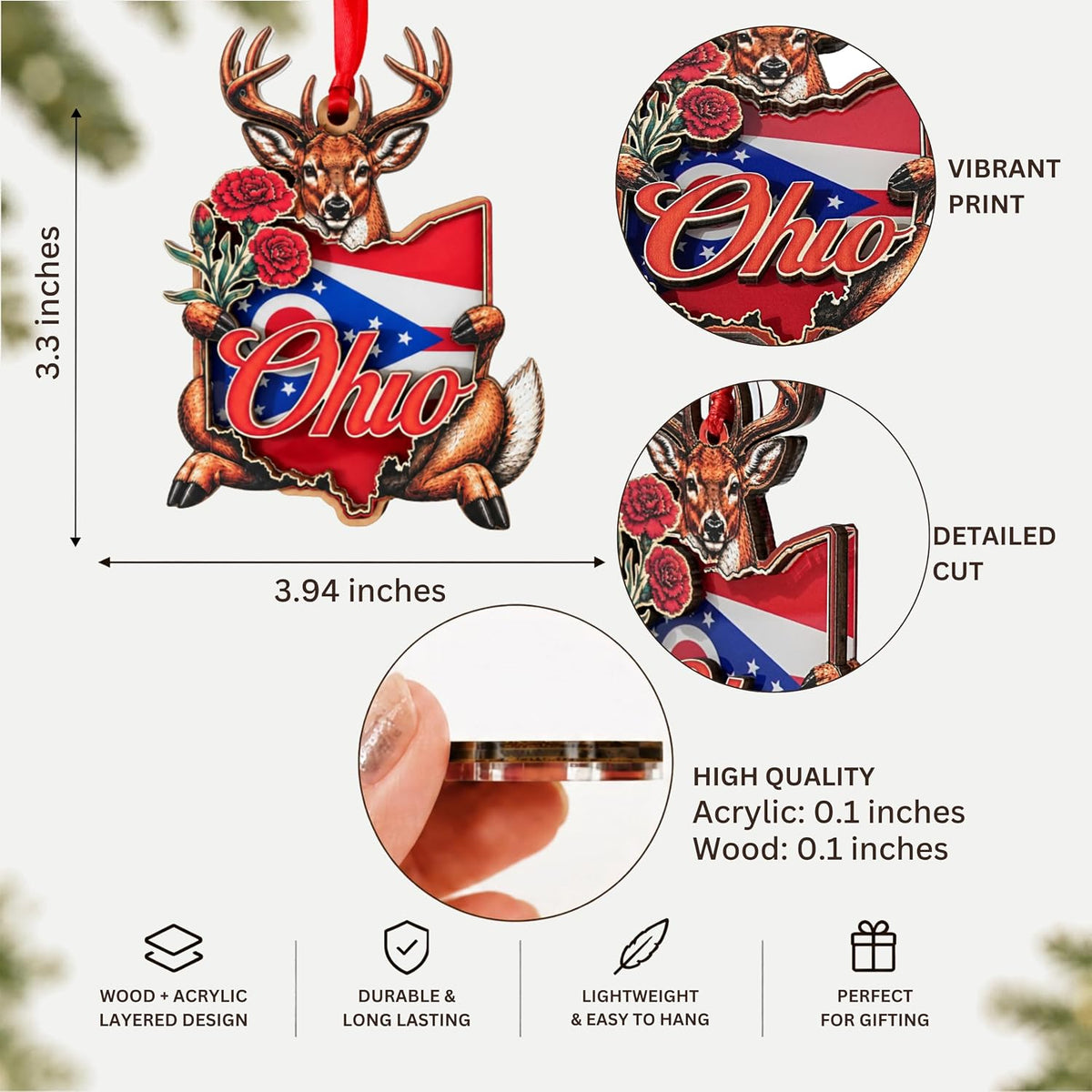 Ohio Christmas Ornament 2026, Ohio Christmas Ornament for Christmas Tree 2026, State Souvenir Gift, Wood & Acrylic Gift