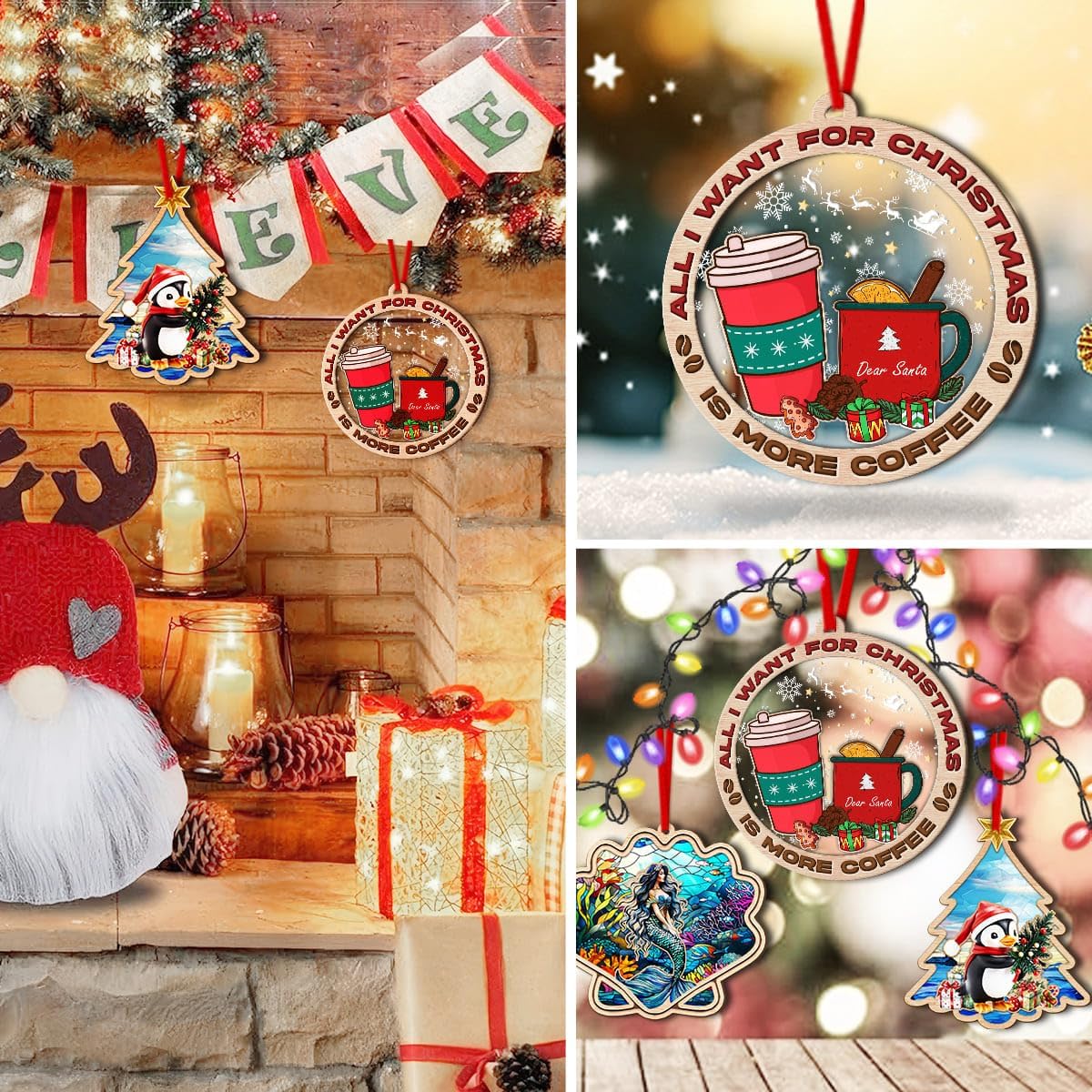 Coffee Christmas Ornament - 2 Layer Wood & Acrylic Decor 2025 - Gifts for Men, Women, Coffee Lovers - Tree Ornaments