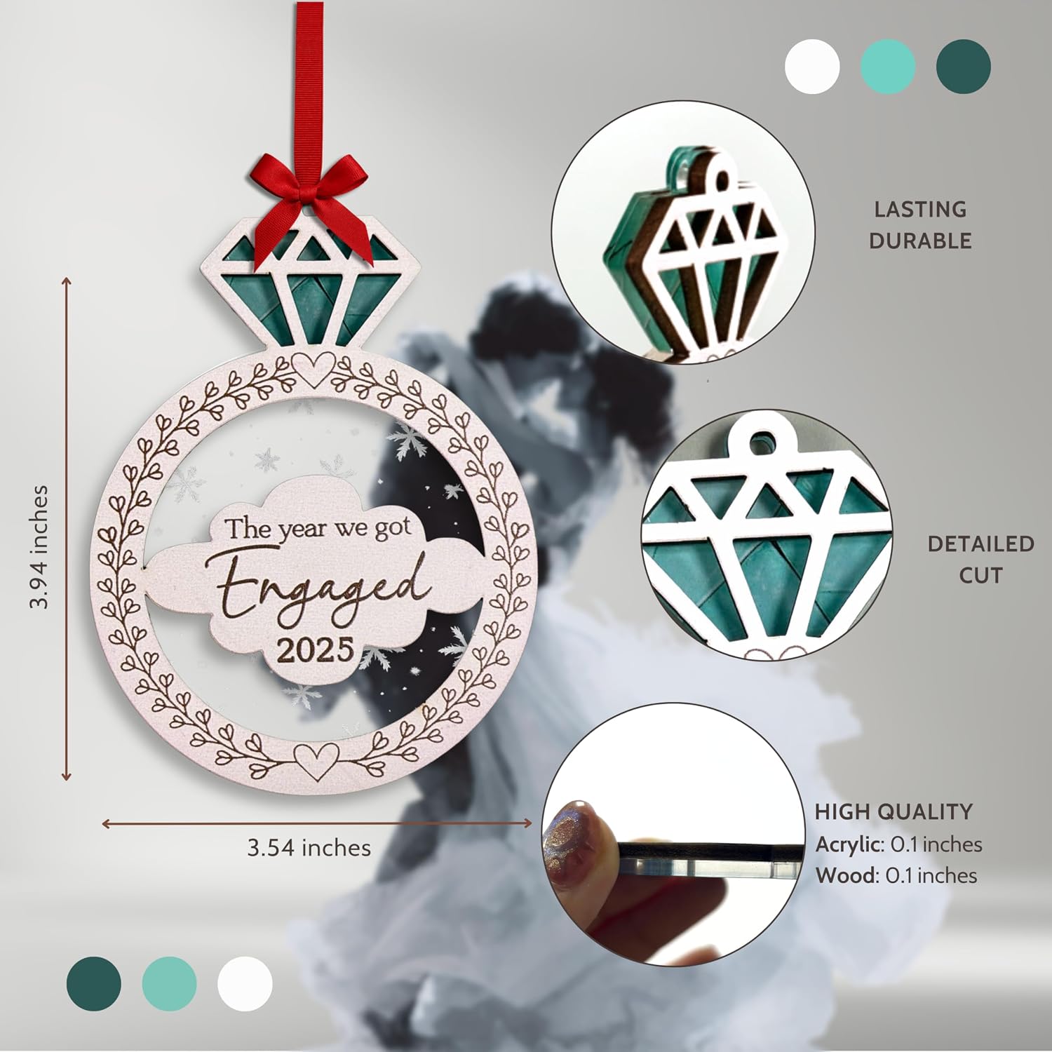 2026 Engagement Ring Ornament, Car Hanging Ornaments, Valentine Gift, Home Decorations, 3D Wooden Acrylic Cut Valentines Gifts for Newly Engaged Couples