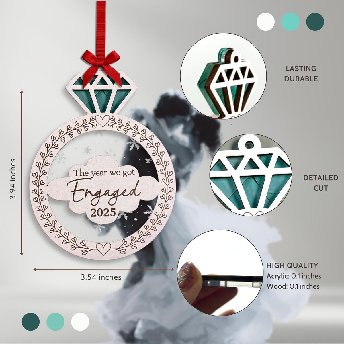 2026 Engagement Ring Ornament, Car Hanging Ornaments, Valentine Gift, Home Decorations, 3D Wooden Acrylic Cut Valentines Gifts for Newly Engaged Couples