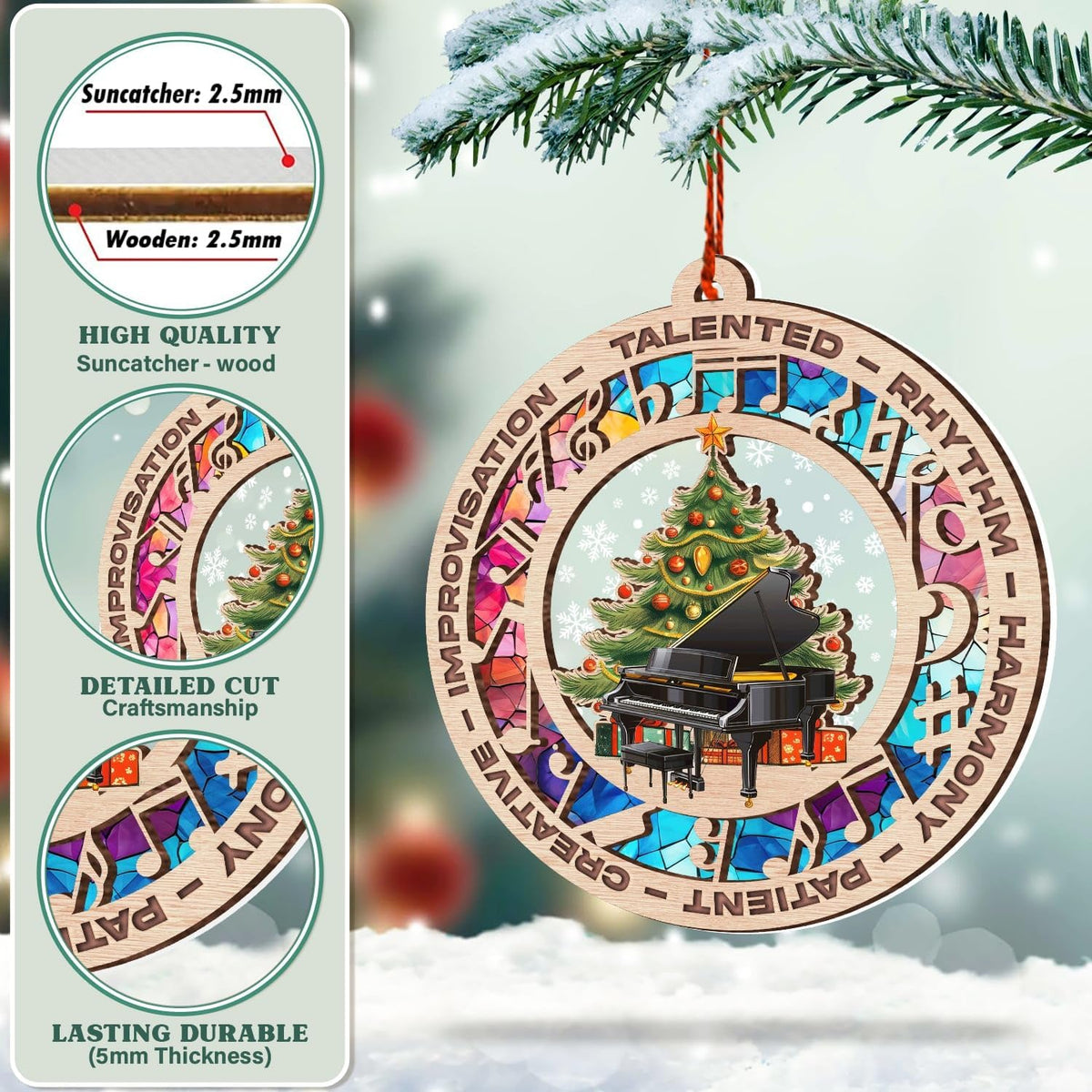 Piano Christmas Ornament, Music Suncatcher Tree Decoration, Elegant Keepsake Gift for Piano Players and Music Lovers