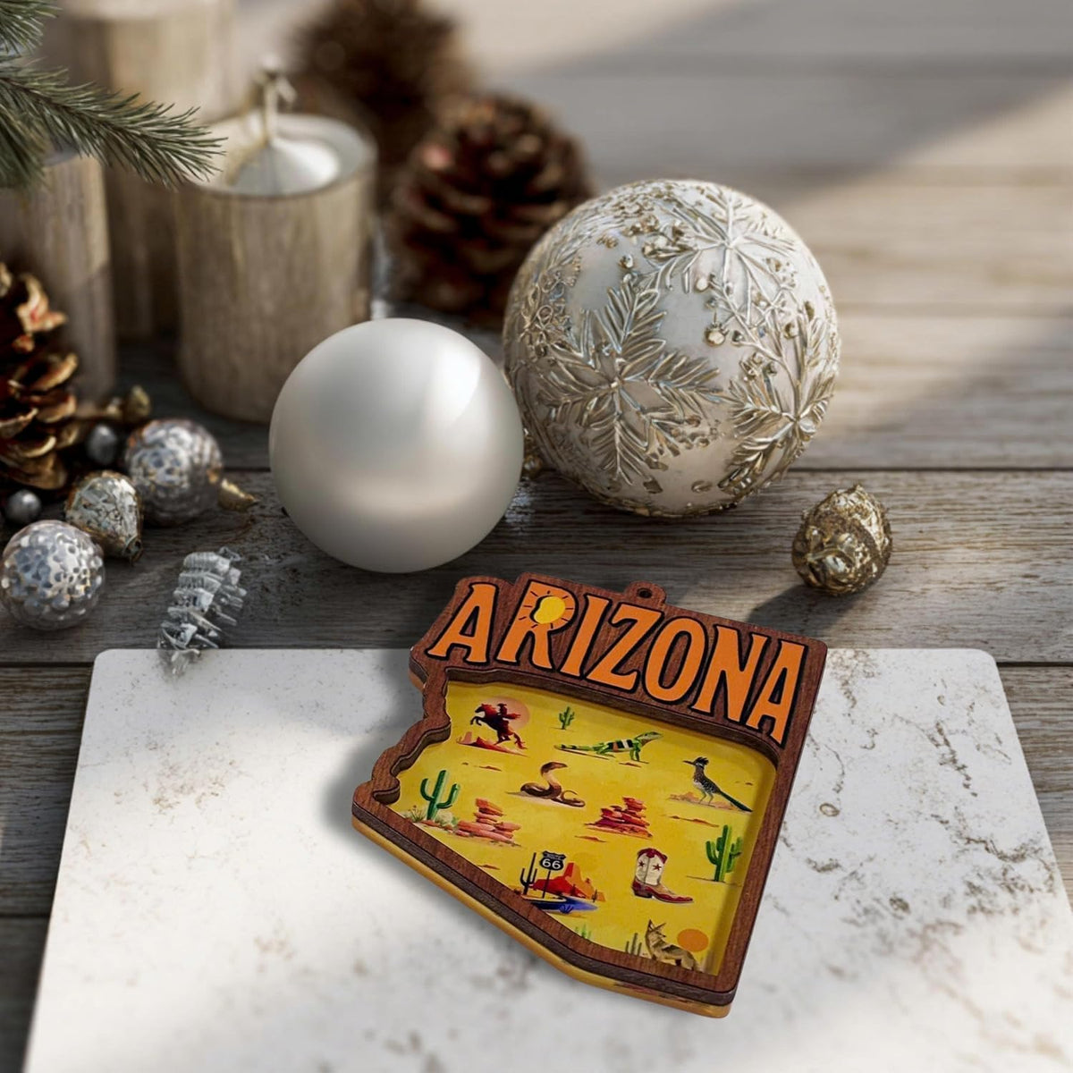 Arizona Christmas Ornament, Unique Arizona Ornaments for Christmas Tree, Southwestern Holiday Decor, Xmas Gifts, 3D Wooden Acrylic Cut State Souvenir Gift for Men Women Family Friends