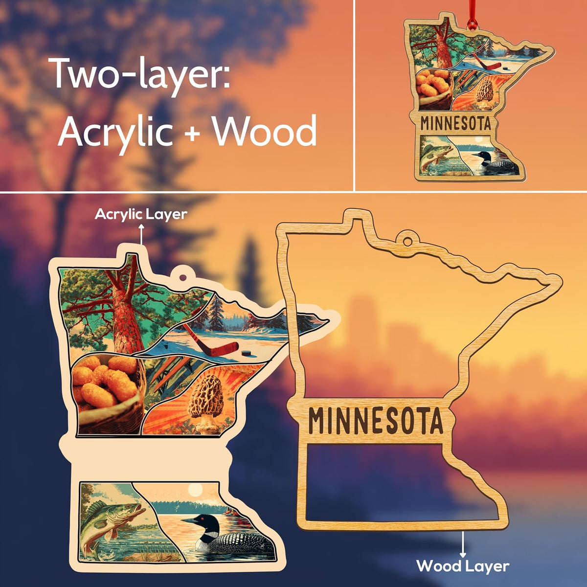 Minnesota Christmas Ornament, Layered Wood Acrylic State Decor, Unique Minnesota Ornaments for Christmas Tree, Xmas Gifts, 3D Wooden Acrylic Cut Gift for Men Women Family Friends