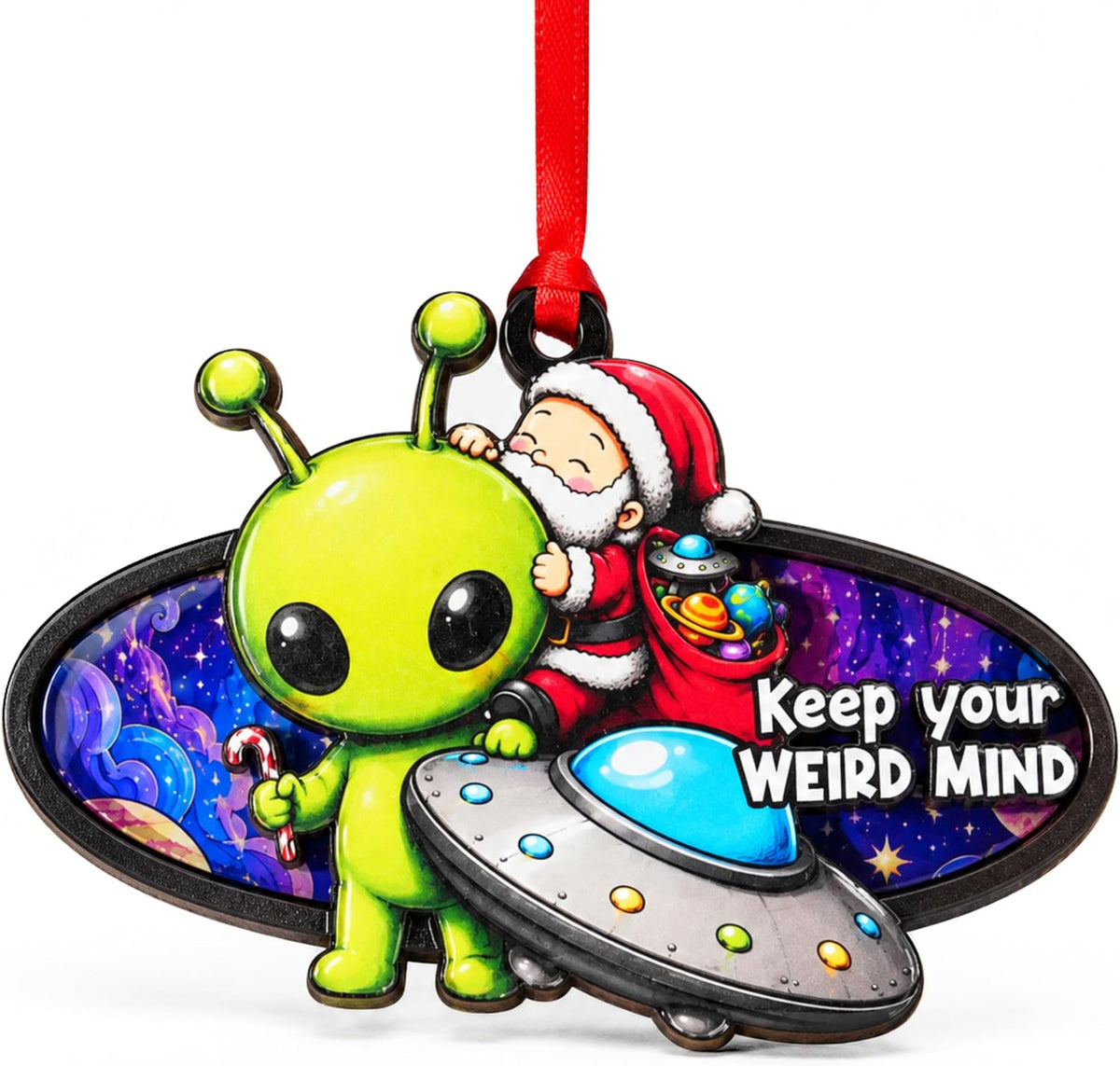 Alien Christmas Ornament 2026, Alien Ornaments for Christmas Tree, UFO Ornament Decor, 2-Layer Wood Acrylic