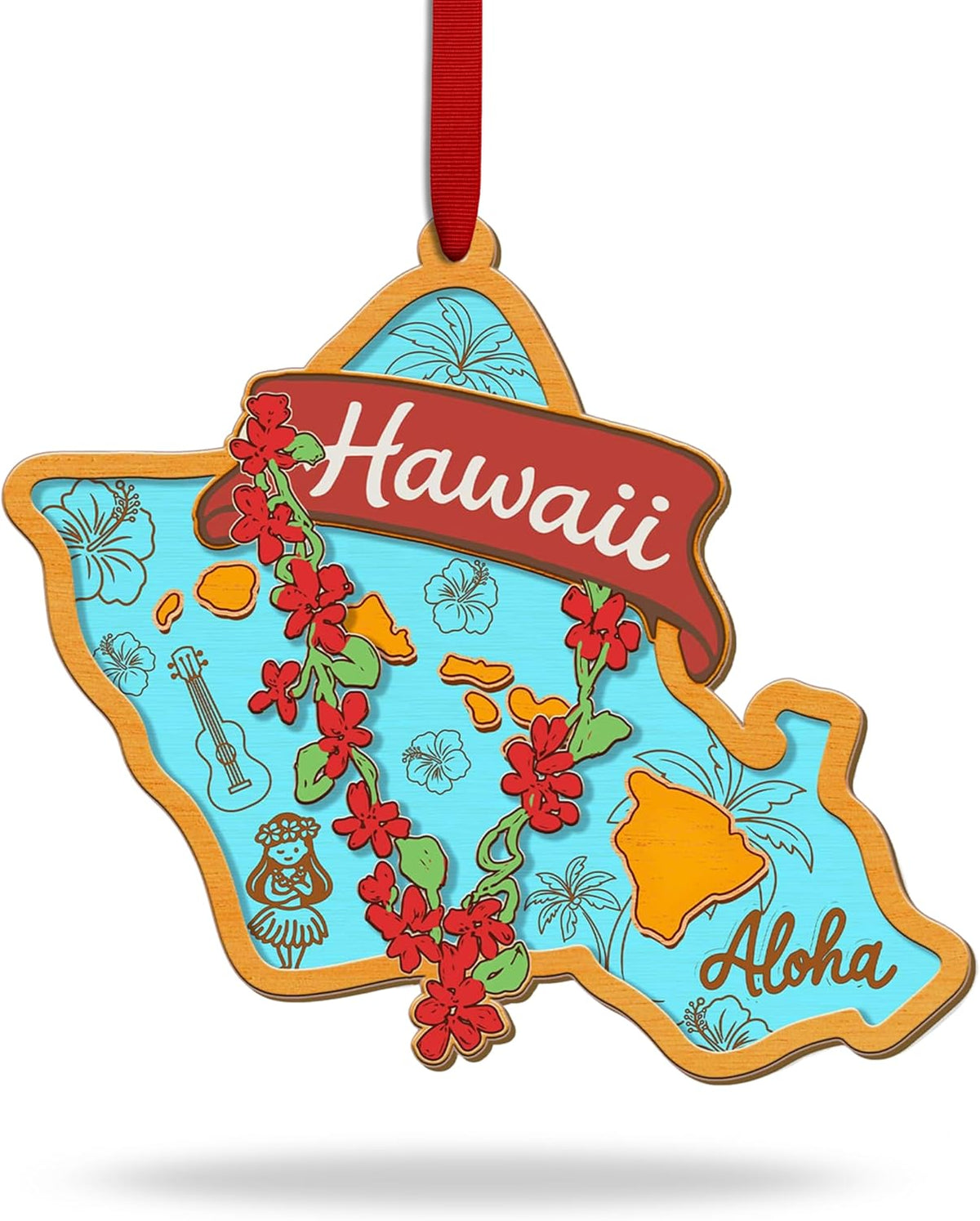 Hawaii Christmas Ornament, Hawaiian Ornaments for Christmas Tree, Hawaii Ornament Holiday Decor, 3D Wooden Acrylic Cut Xmas Gift for Men Women Family Friends, State Souvenir