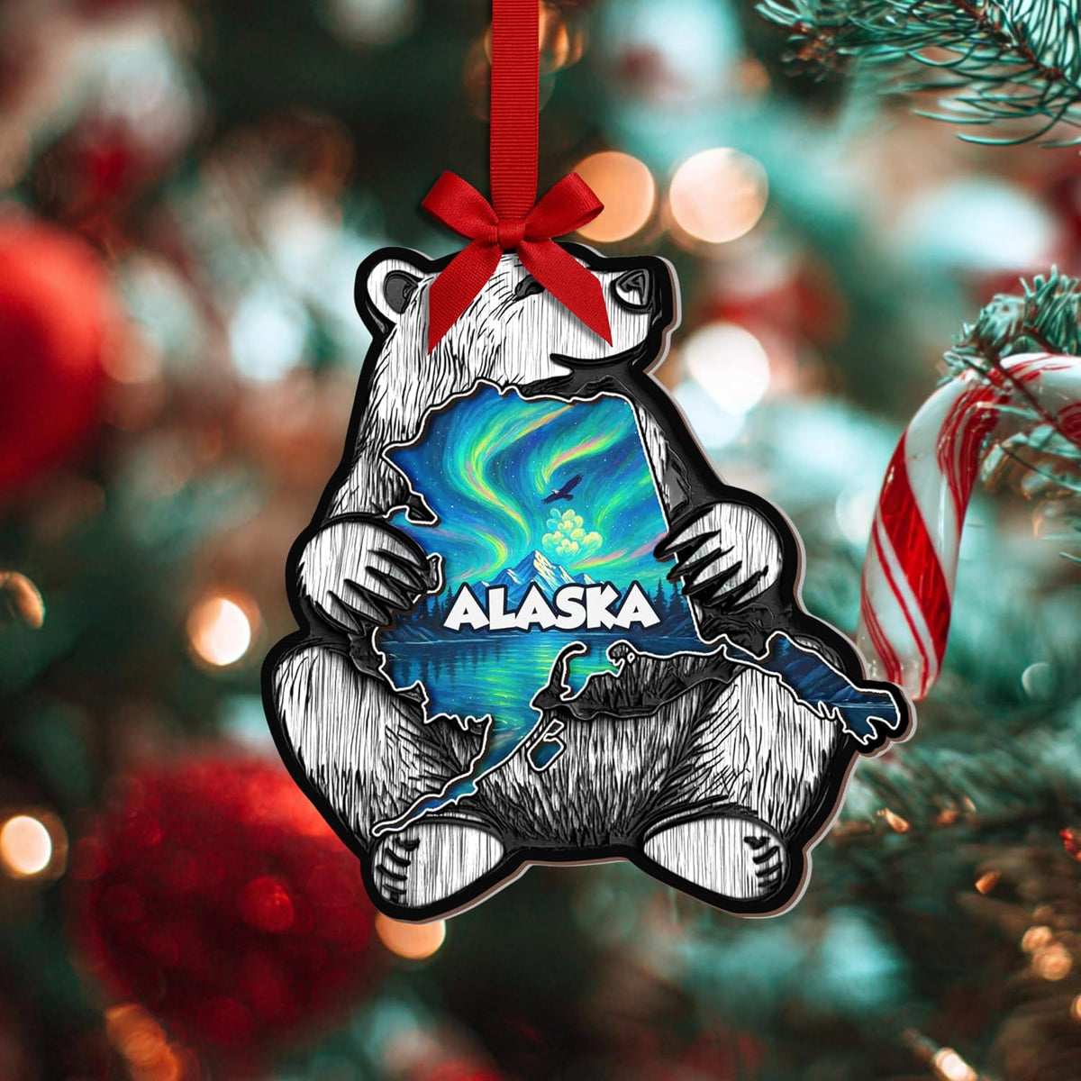 Alaska Ornament, Alaska Christmas Ornament for Christmas Tree Decoration, 3D Wooden Acrylic Cut Xmas Gifts, Souvenir Gift for State Lovers Men Women Family Friends