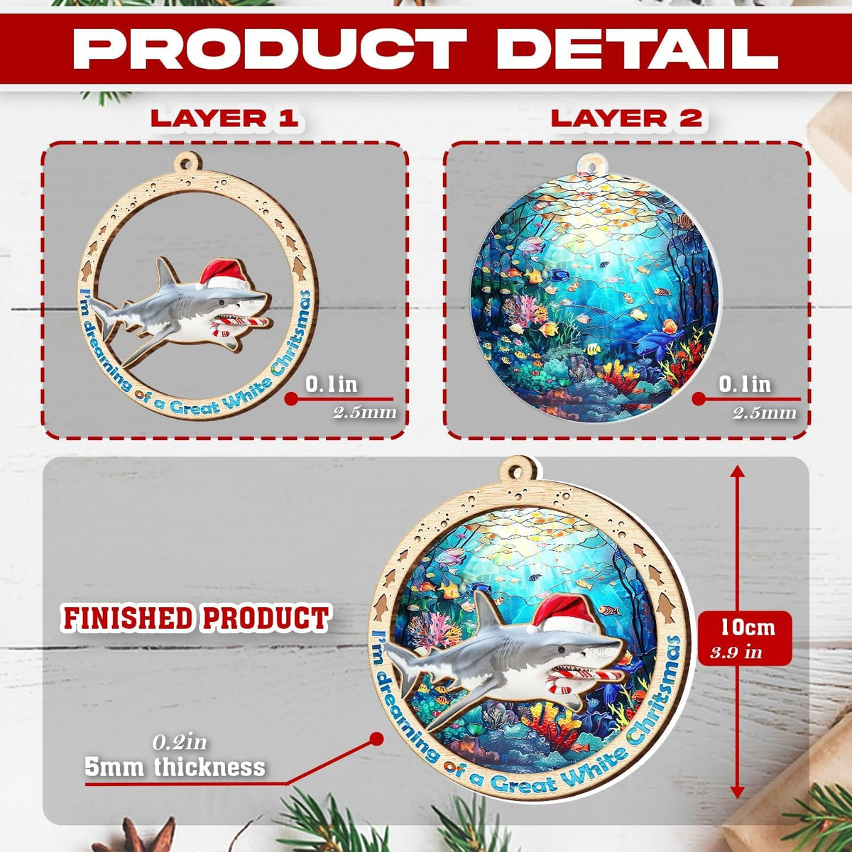 Shark Suncatcher Ornament - Christmas Tree Decorations 2024 - Gifts for Shark Lovers